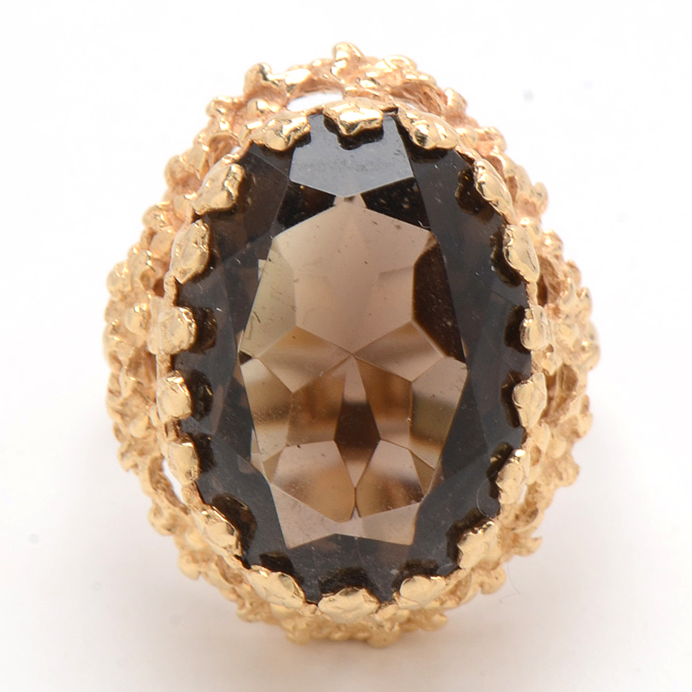 14K Yellow Gold Ring with Faceted Smoky Quartz in Ornate Setting