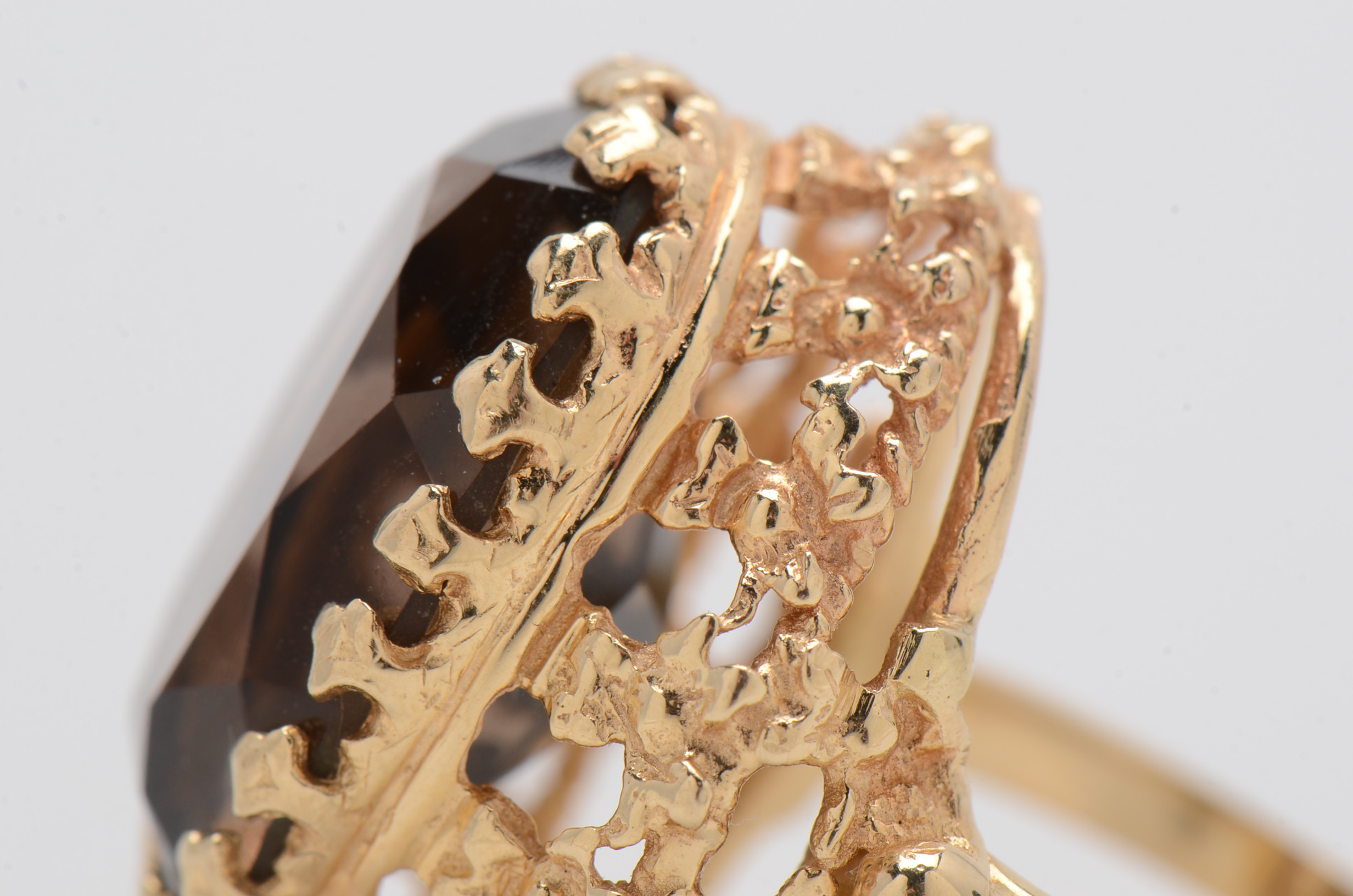 14K Yellow Gold Ring with Faceted Smoky Quartz in Ornate Setting