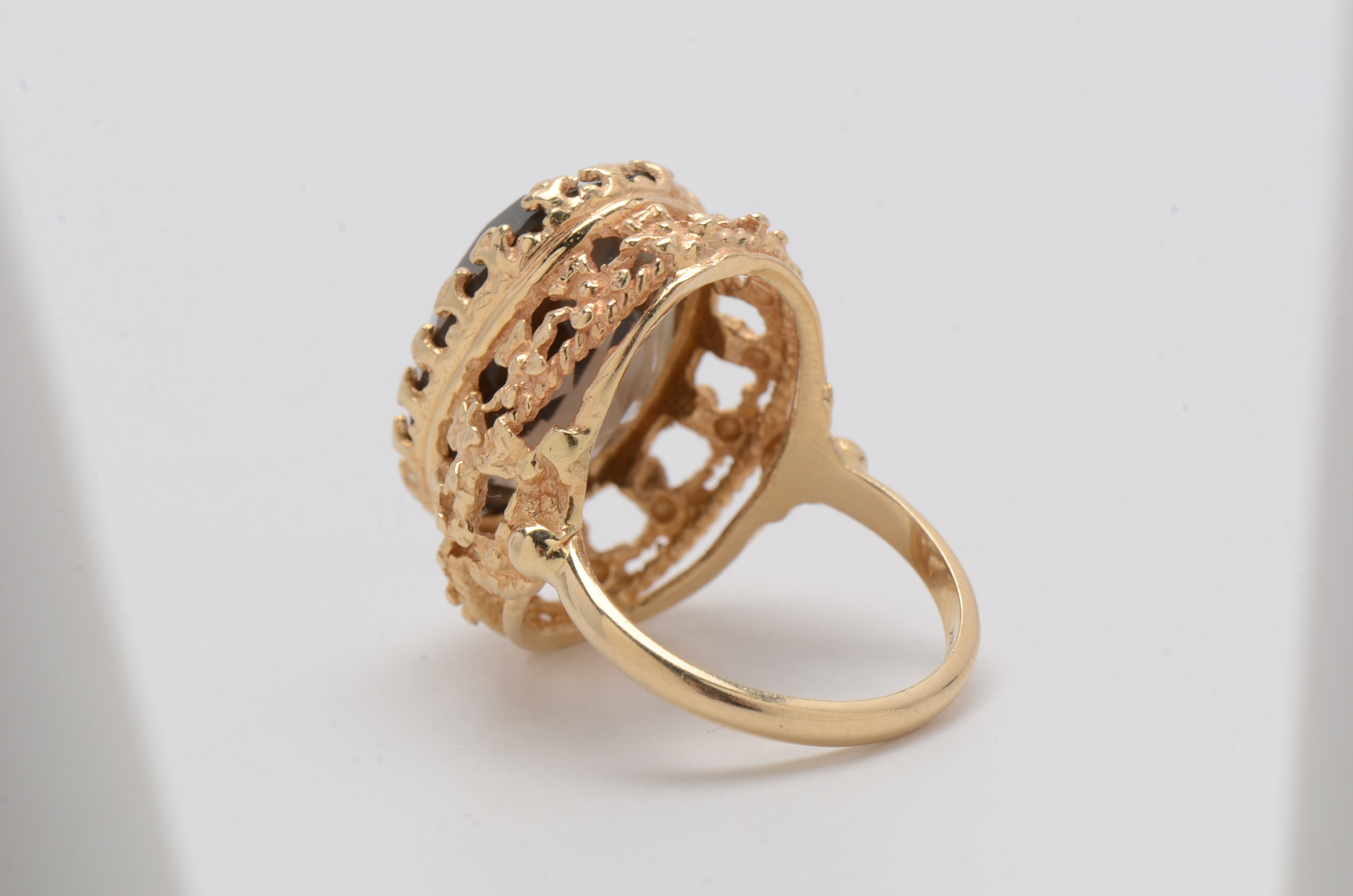 14K Yellow Gold Ring with Faceted Smoky Quartz in Ornate Setting