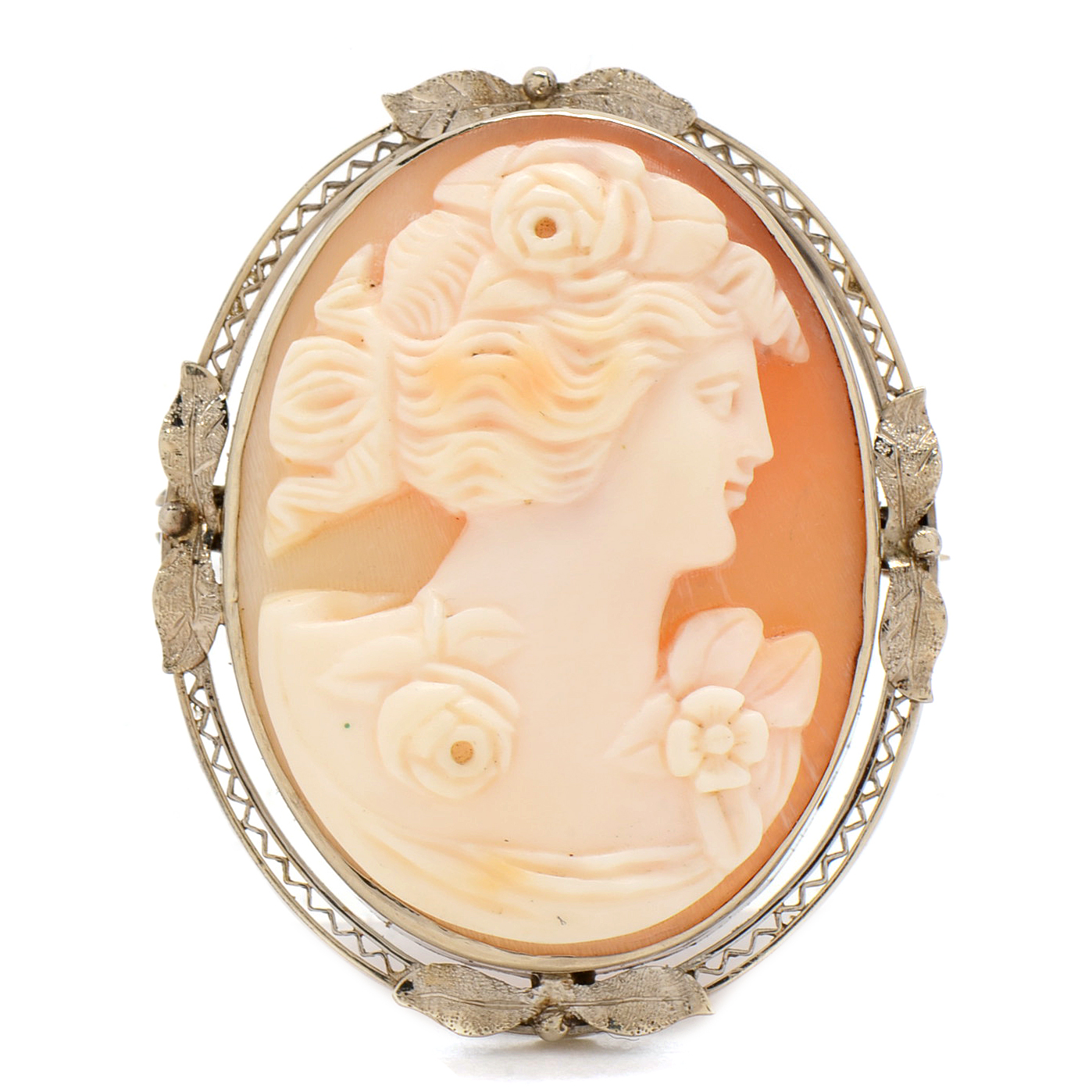 Vintage 14K White Gold Filigree and Carved Shell Cameo Converter Pendant Brooch