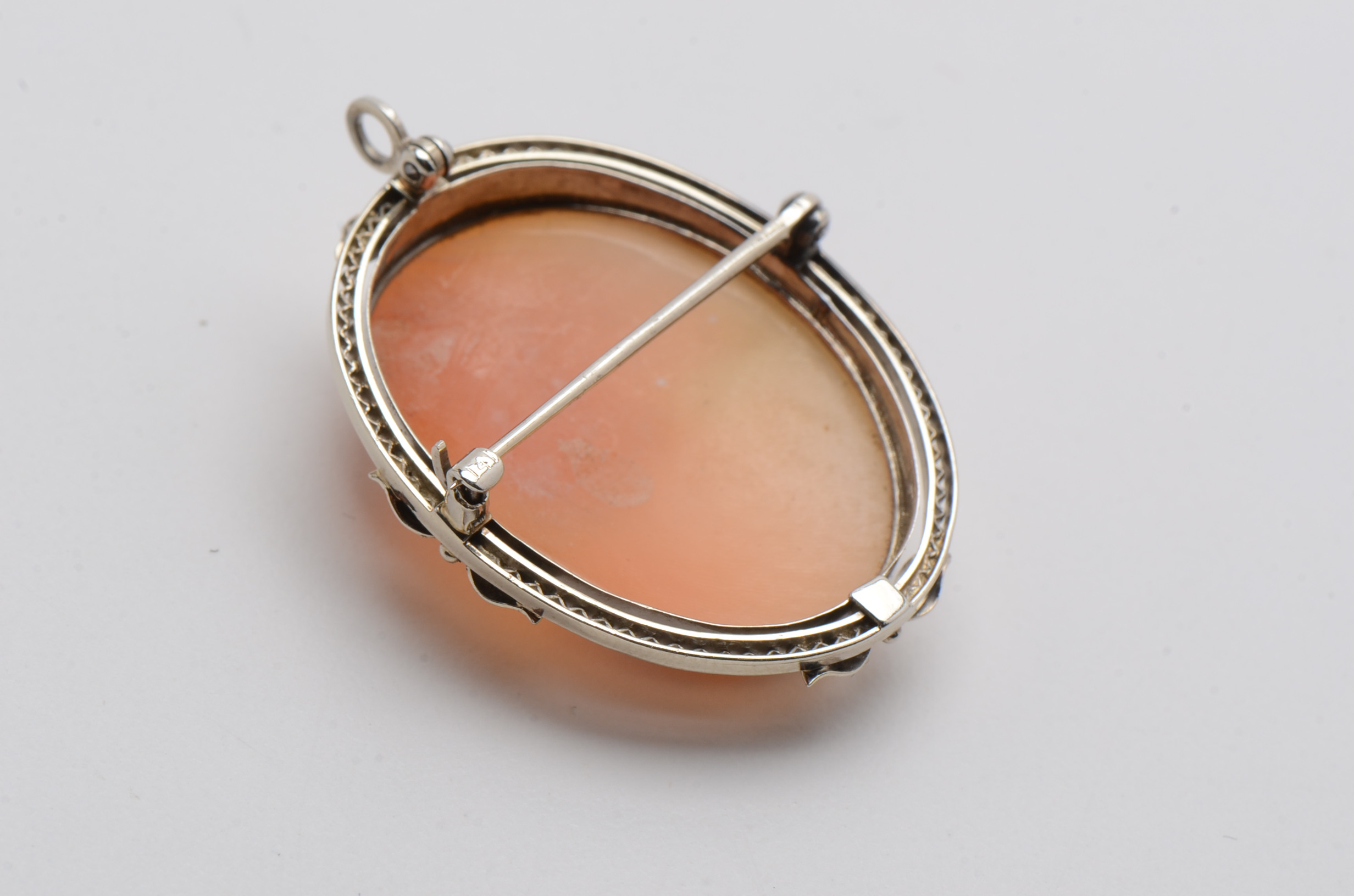 Vintage 14K White Gold Filigree and Carved Shell Cameo Converter Pendant Brooch