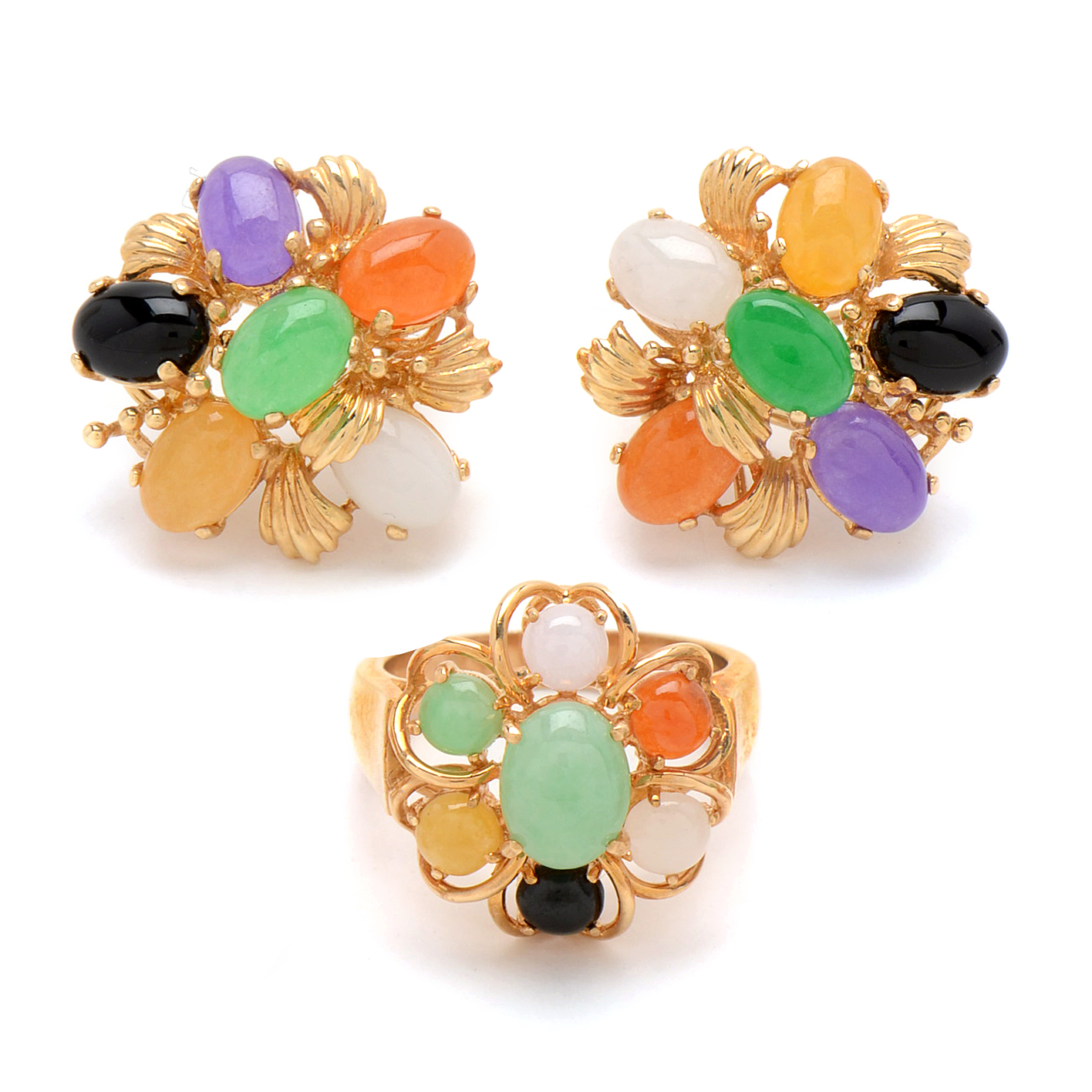 Gump's 14K Yellow Gold Tutti-Frutti Ring and Earrings with Colored Gemstones