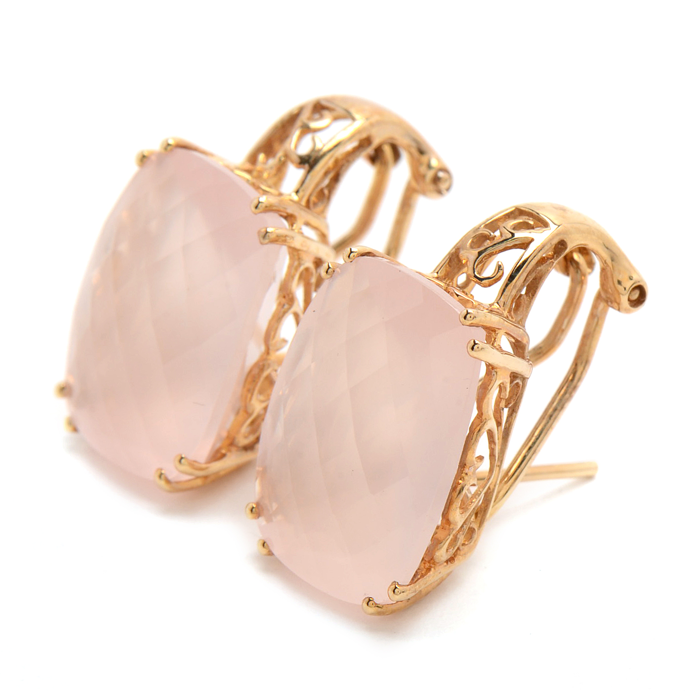 14K Yellow Gold Earrings with Checkerboard Cushion Rose Quartz Stones