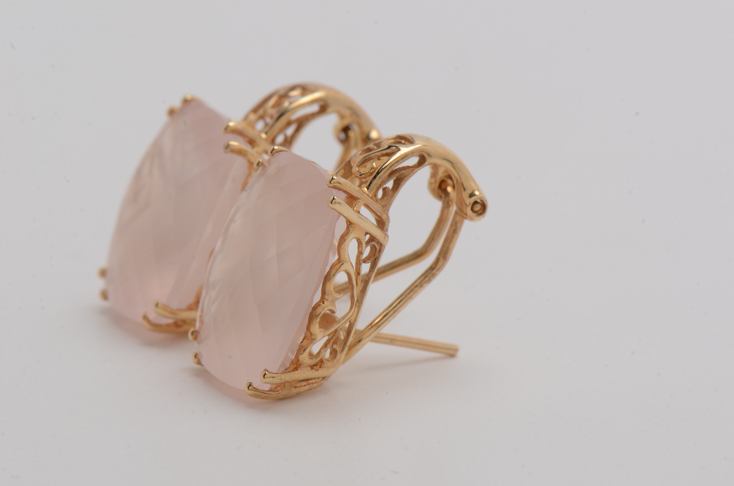14K Yellow Gold Earrings with Checkerboard Cushion Rose Quartz Stones