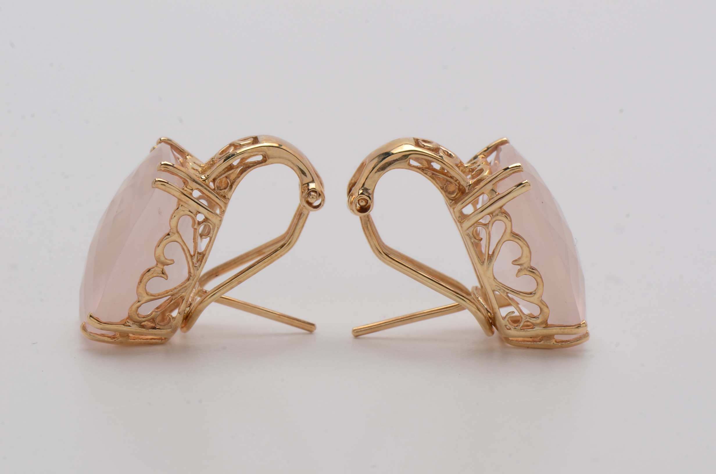 14K Yellow Gold Earrings with Checkerboard Cushion Rose Quartz Stones