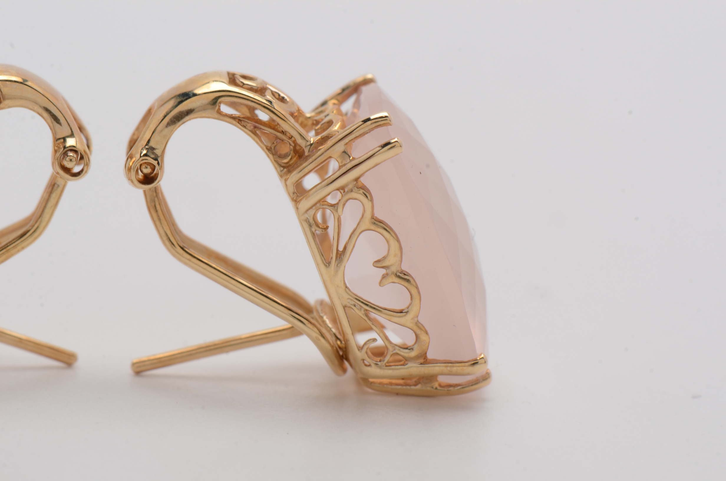 14K Yellow Gold Earrings with Checkerboard Cushion Rose Quartz Stones