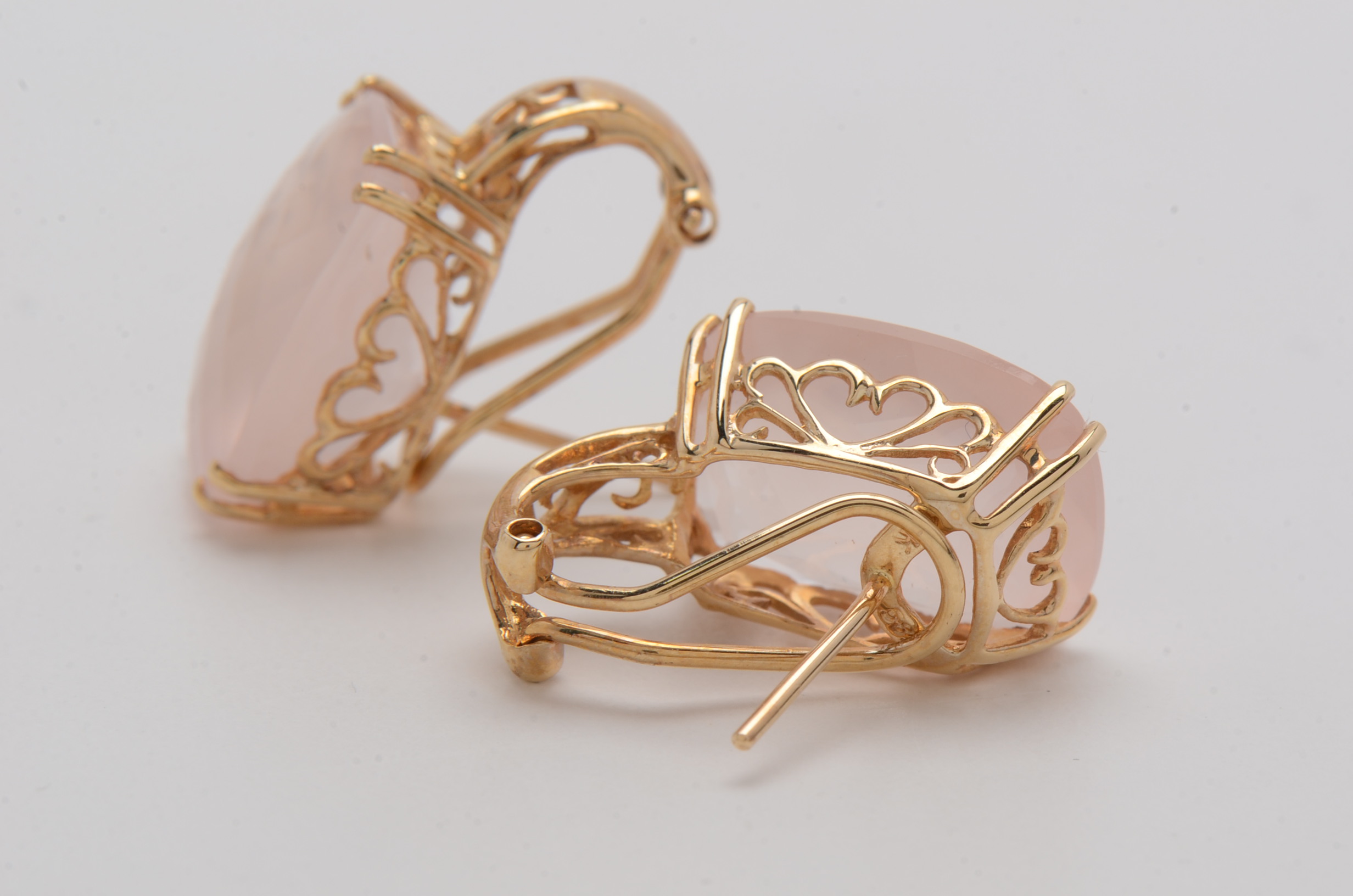 14K Yellow Gold Earrings with Checkerboard Cushion Rose Quartz Stones