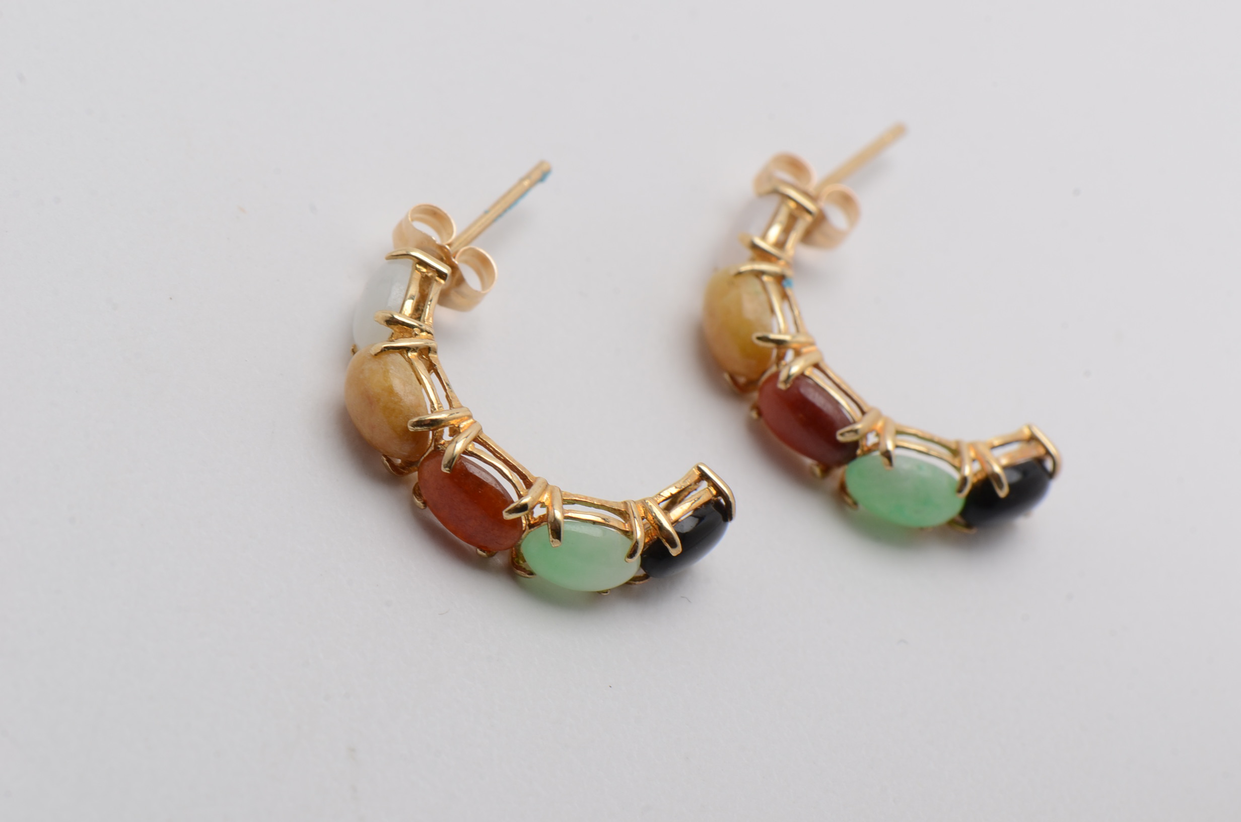 14K Yellow Gold Half Hoop Earrings with Multi-Colored Dyed Nephrite