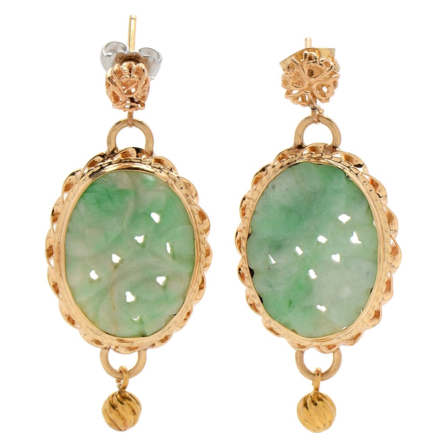14K Yellow Gold and Carved Nephrite Drop Earrings