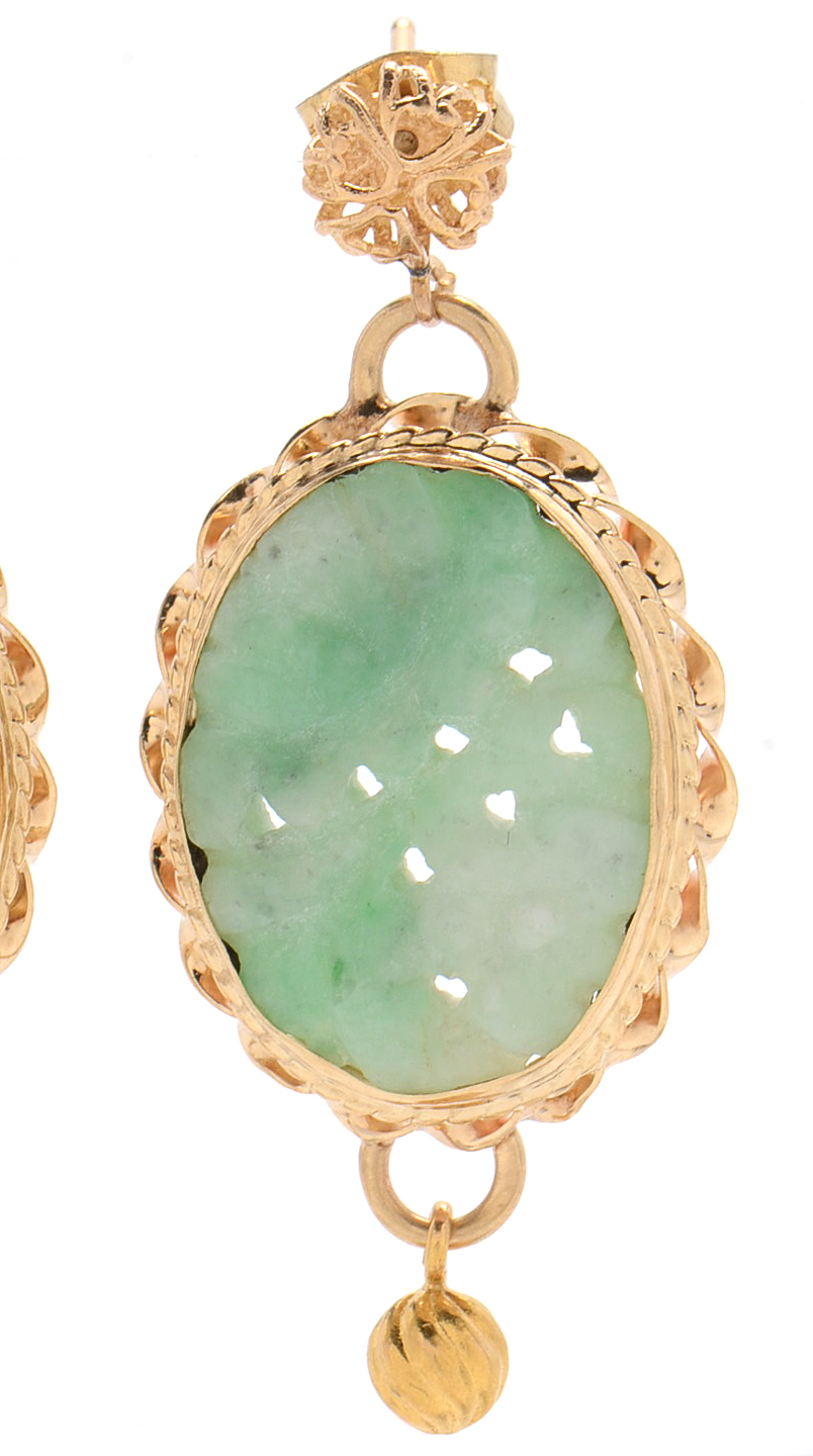 14K Yellow Gold and Carved Nephrite Drop Earrings