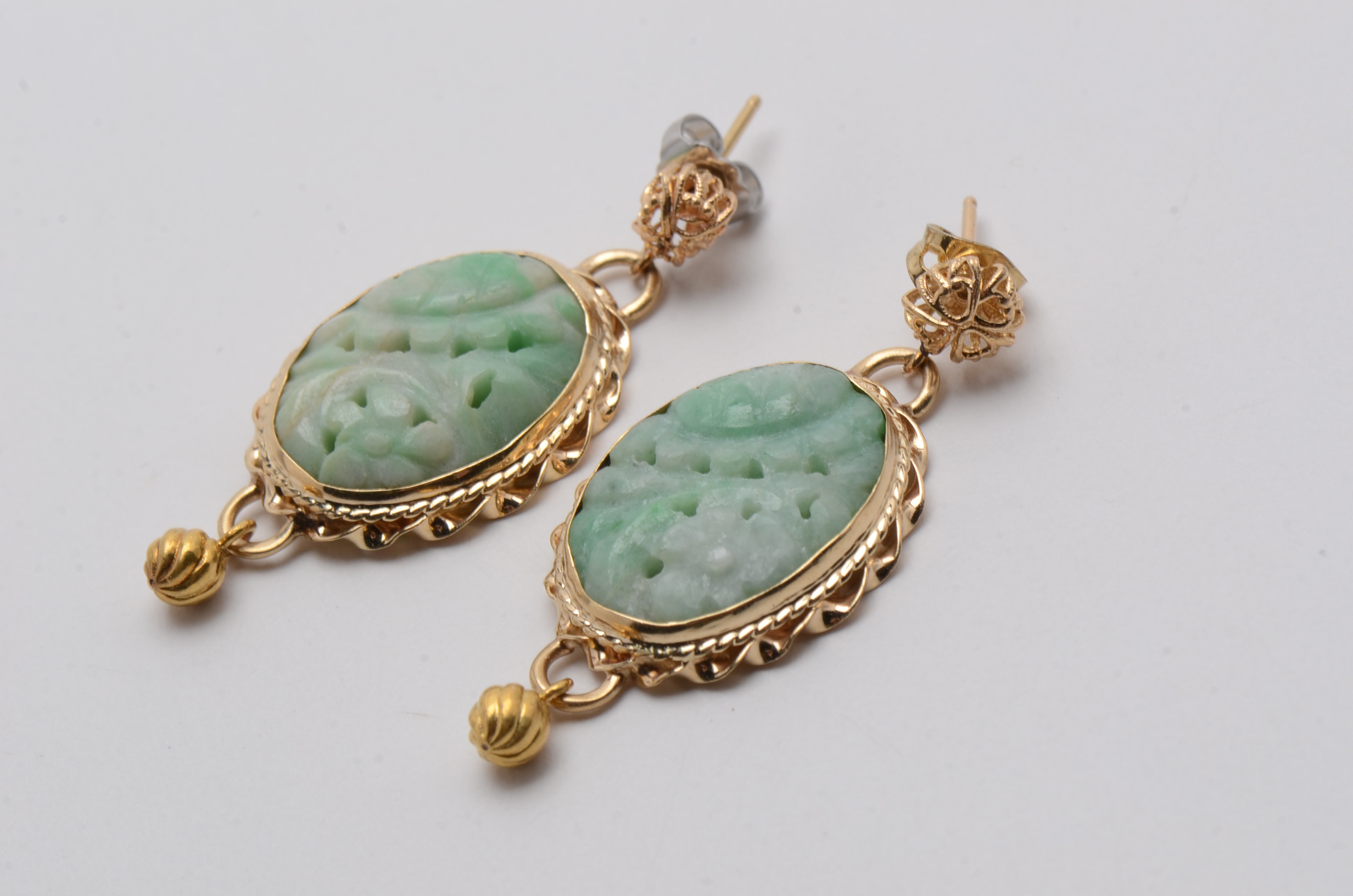 14K Yellow Gold and Carved Nephrite Drop Earrings