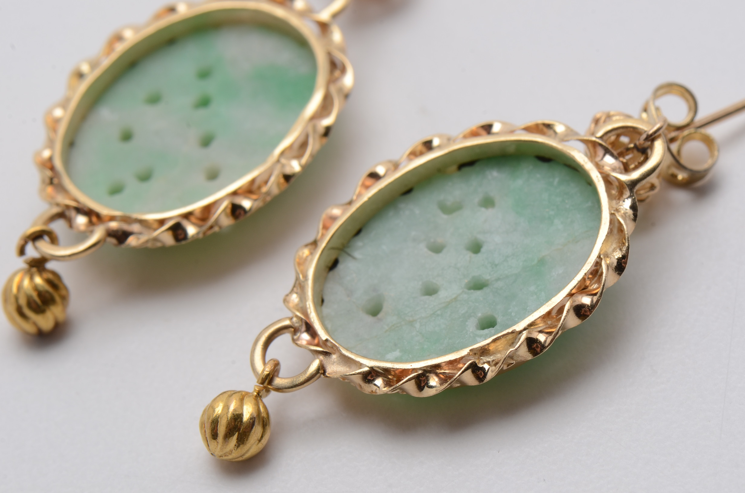 14K Yellow Gold and Carved Nephrite Drop Earrings