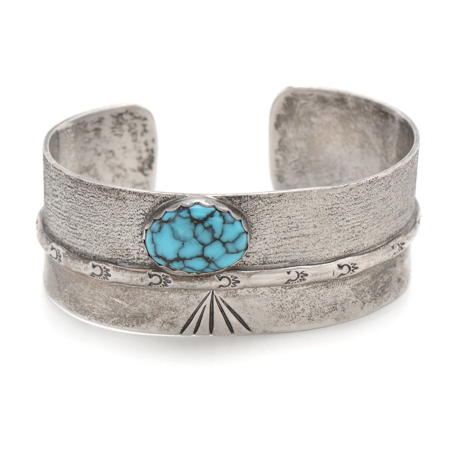 Sterling Silver Spider Web Turquoise  Cuff Bracelet