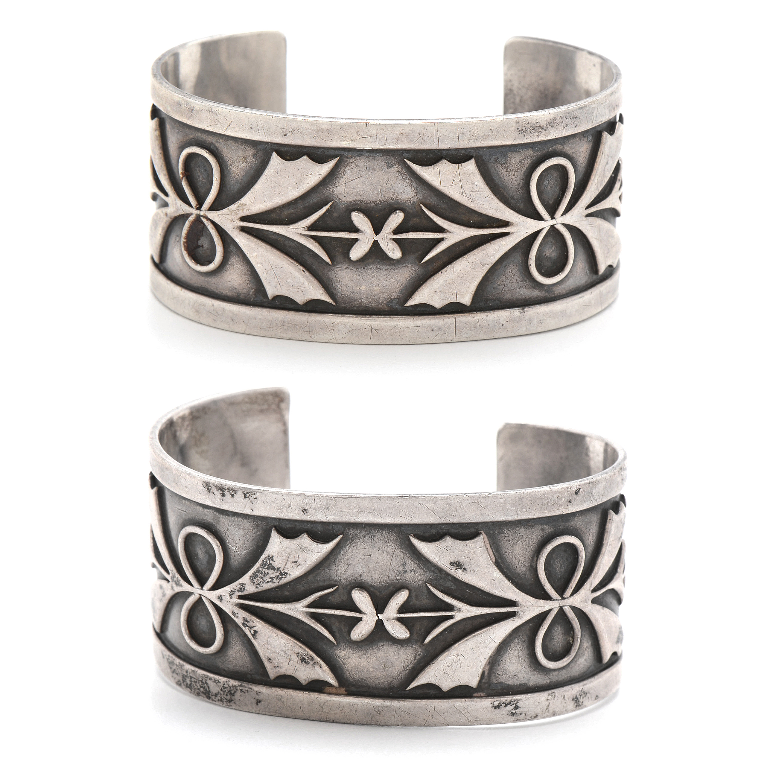 Pair of Sterling Silver Cuff Bracelets with Floral Design