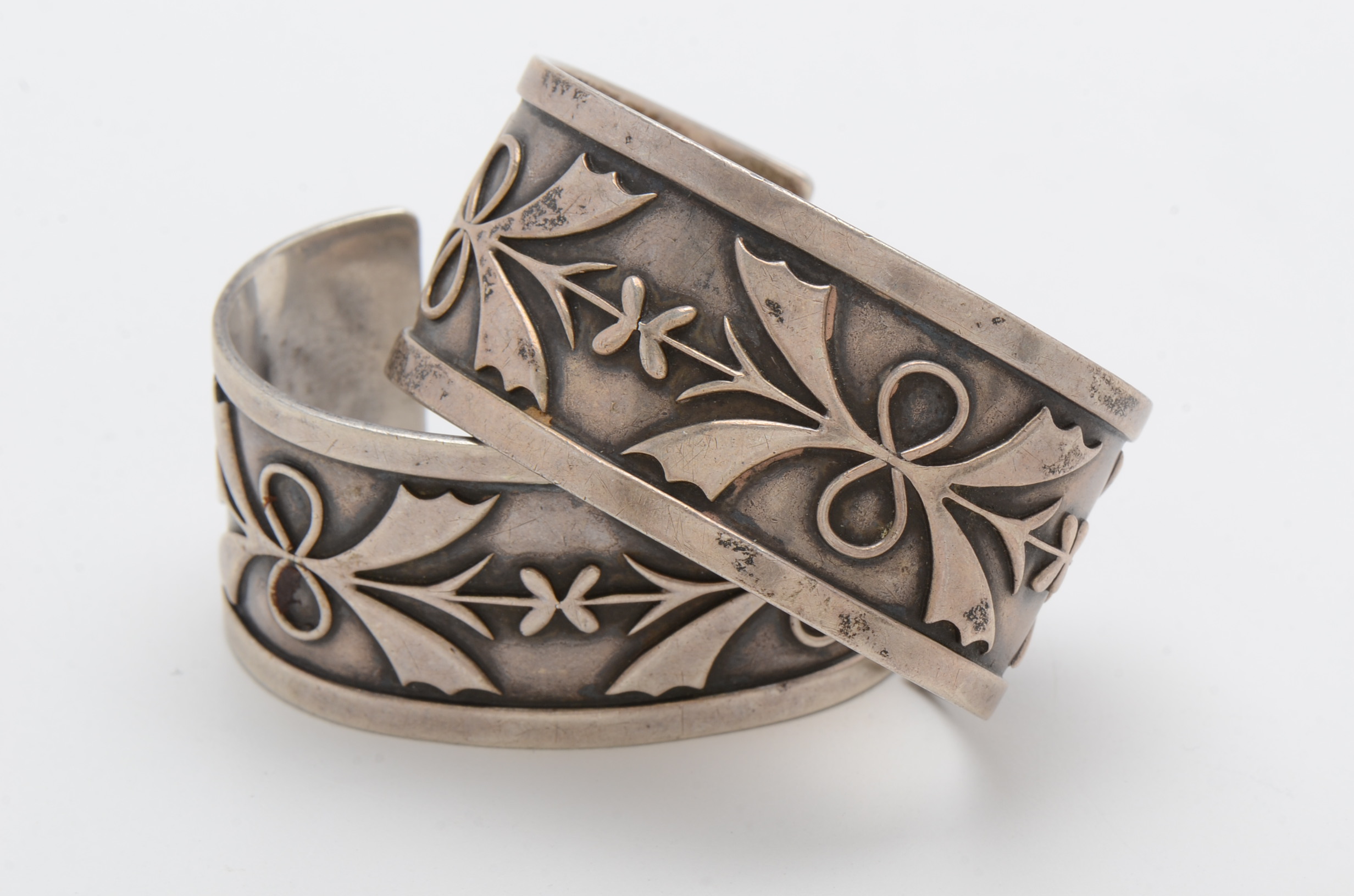 Pair of Sterling Silver Cuff Bracelets with Floral Design