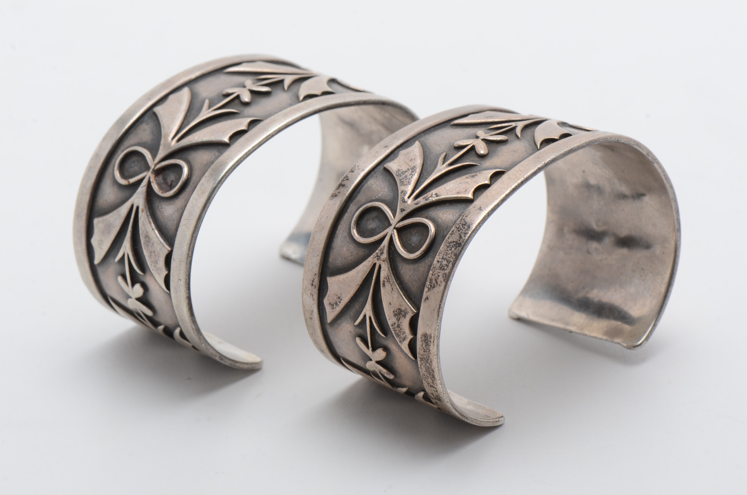 Pair of Sterling Silver Cuff Bracelets with Floral Design
