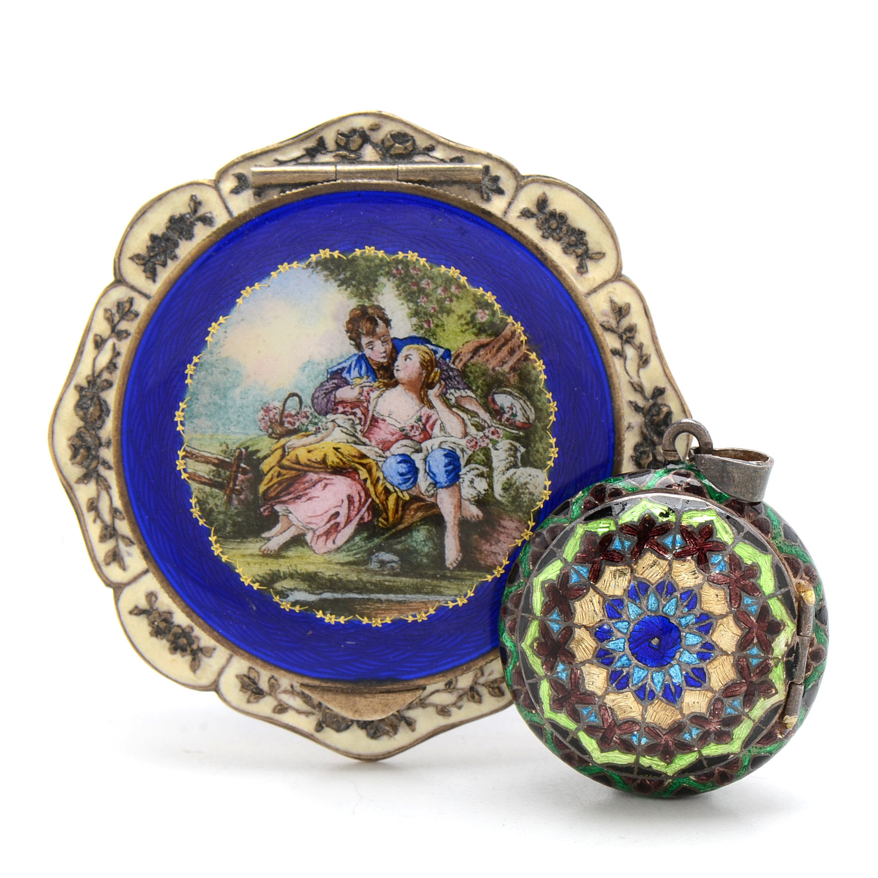 Vintage Sterling Silver Enameled Guilloché Compact and Cloisonné Pendant