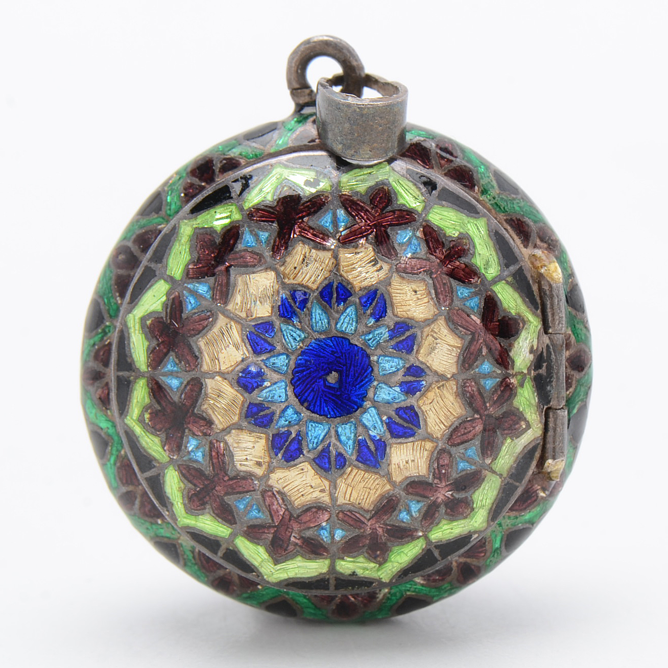 Vintage Sterling Silver Enameled Guilloché Compact and Cloisonné Pendant