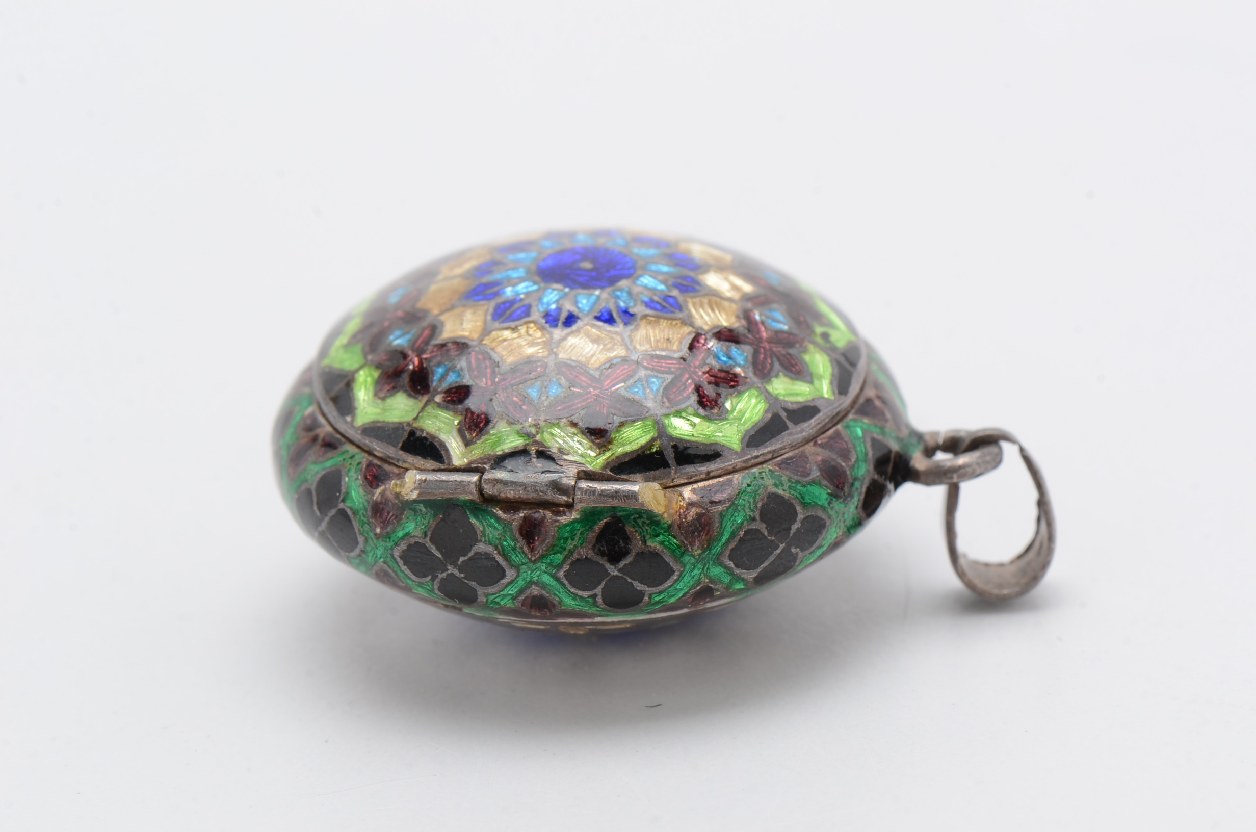 Vintage Sterling Silver Enameled Guilloché Compact and Cloisonné Pendant