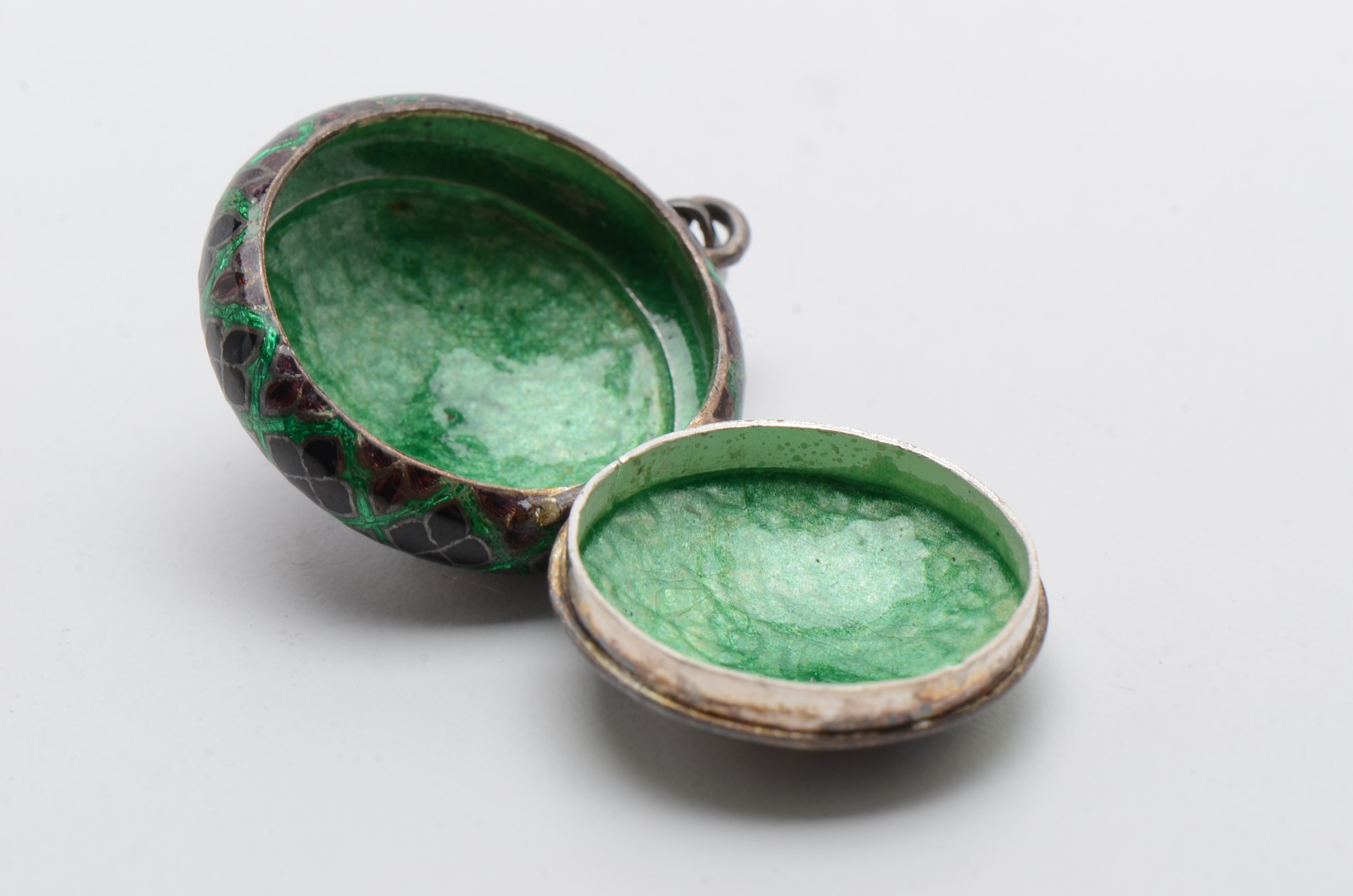 Vintage Sterling Silver Enameled Guilloché Compact and Cloisonné Pendant