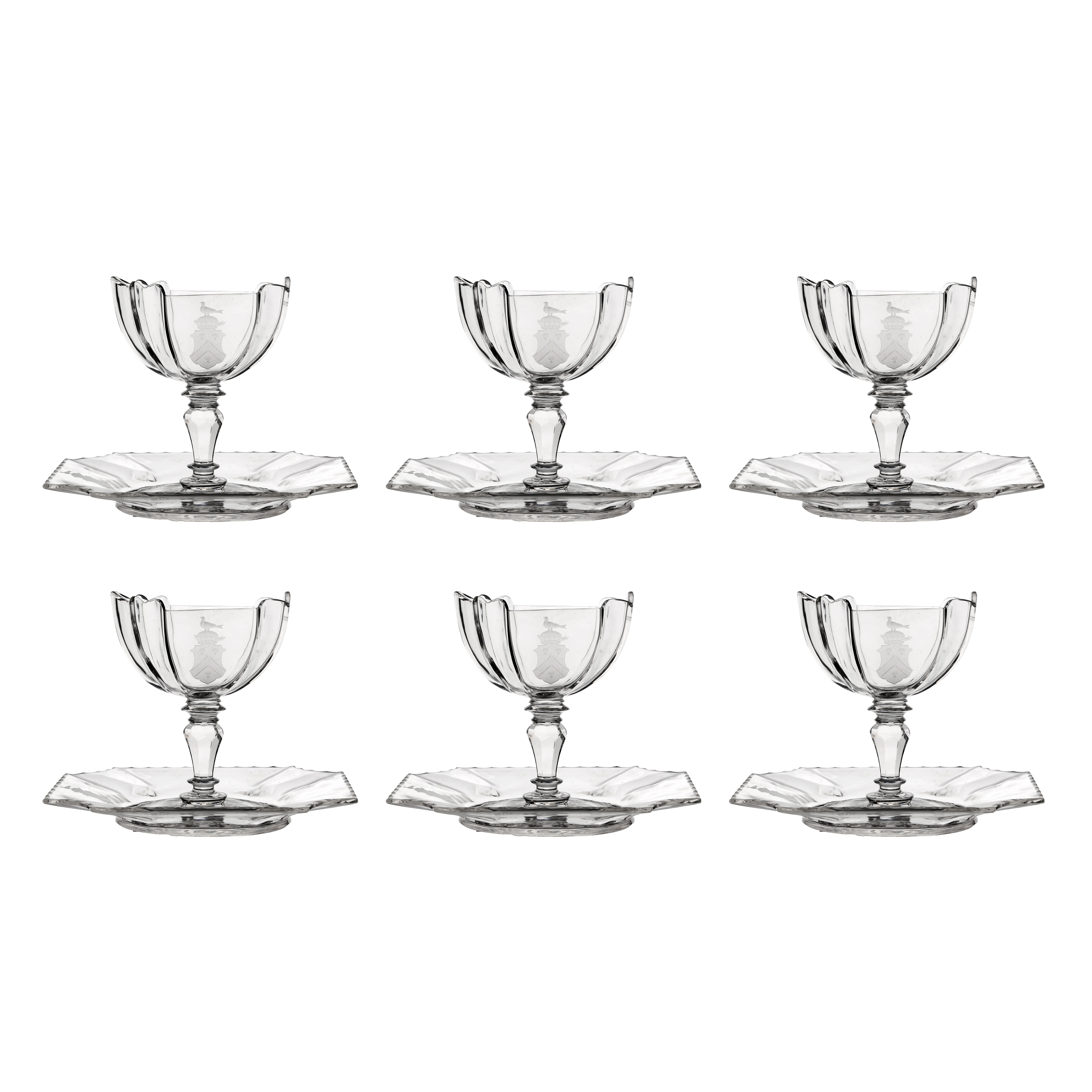 Armorial Footed Crystal Dessert Bowls With Under Plates