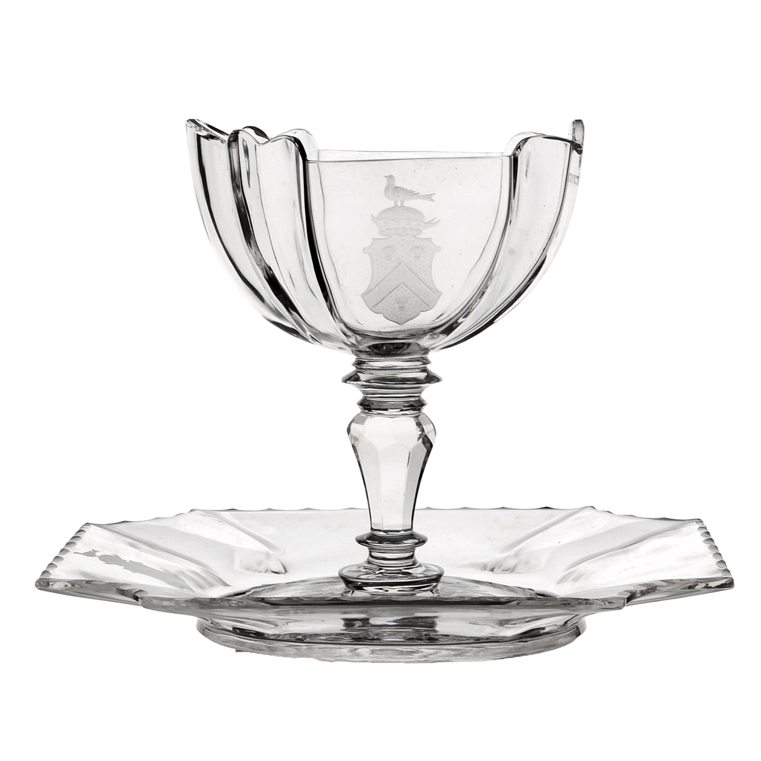 Armorial Footed Crystal Dessert Bowls With Under Plates