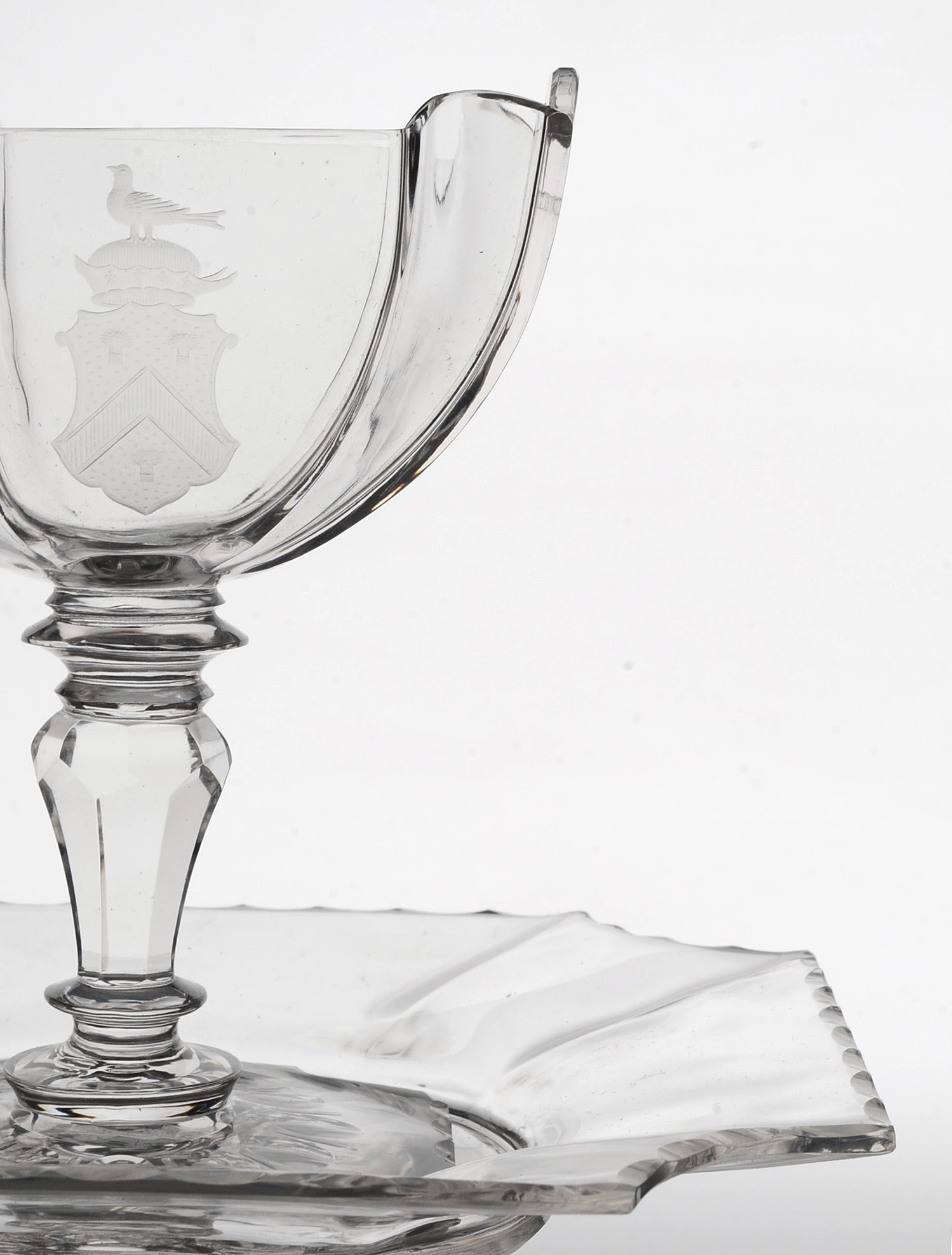 Armorial Footed Crystal Dessert Bowls With Under Plates