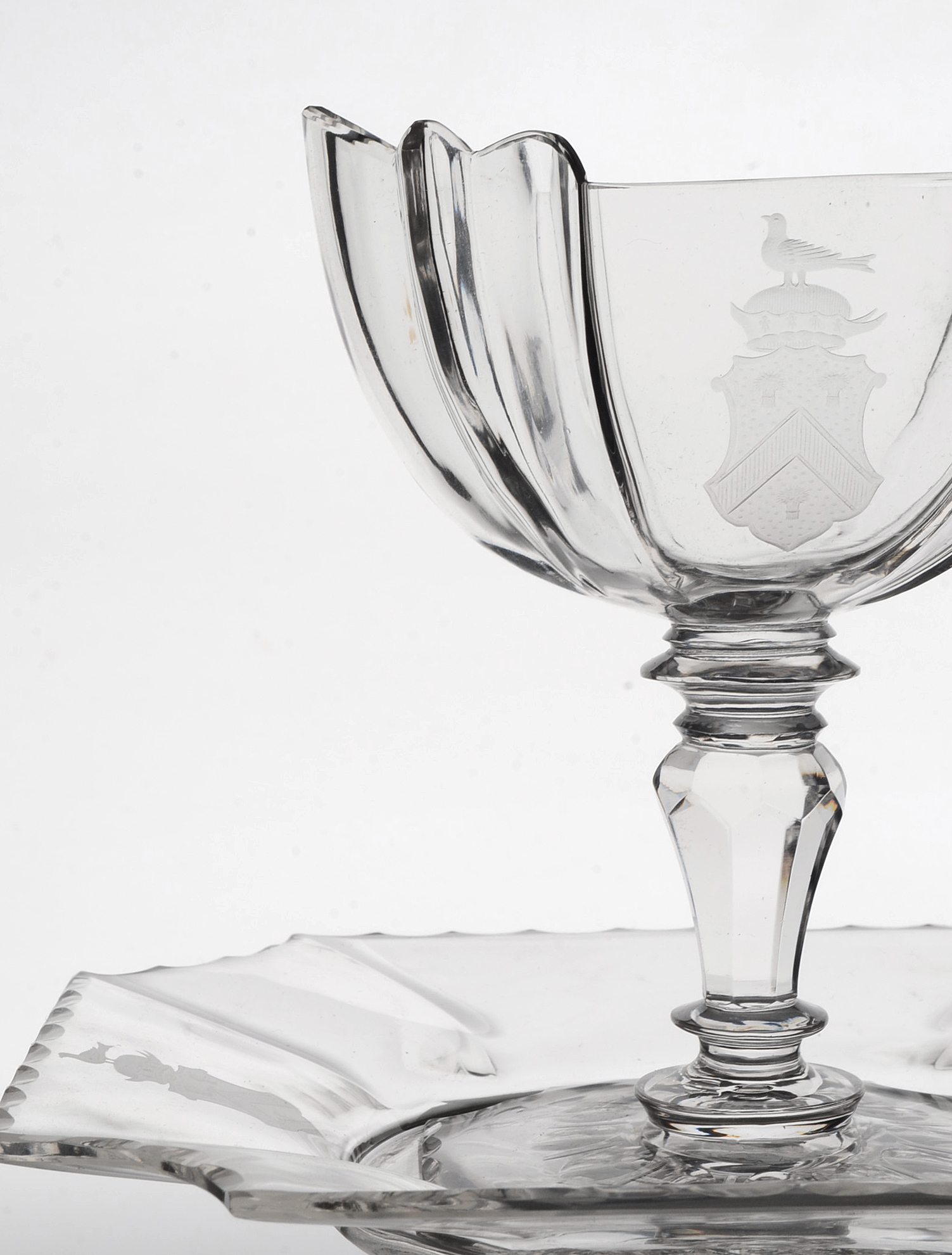 Armorial Footed Crystal Dessert Bowls With Under Plates