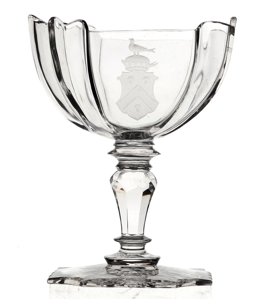 Armorial Footed Crystal Dessert Bowls With Under Plates