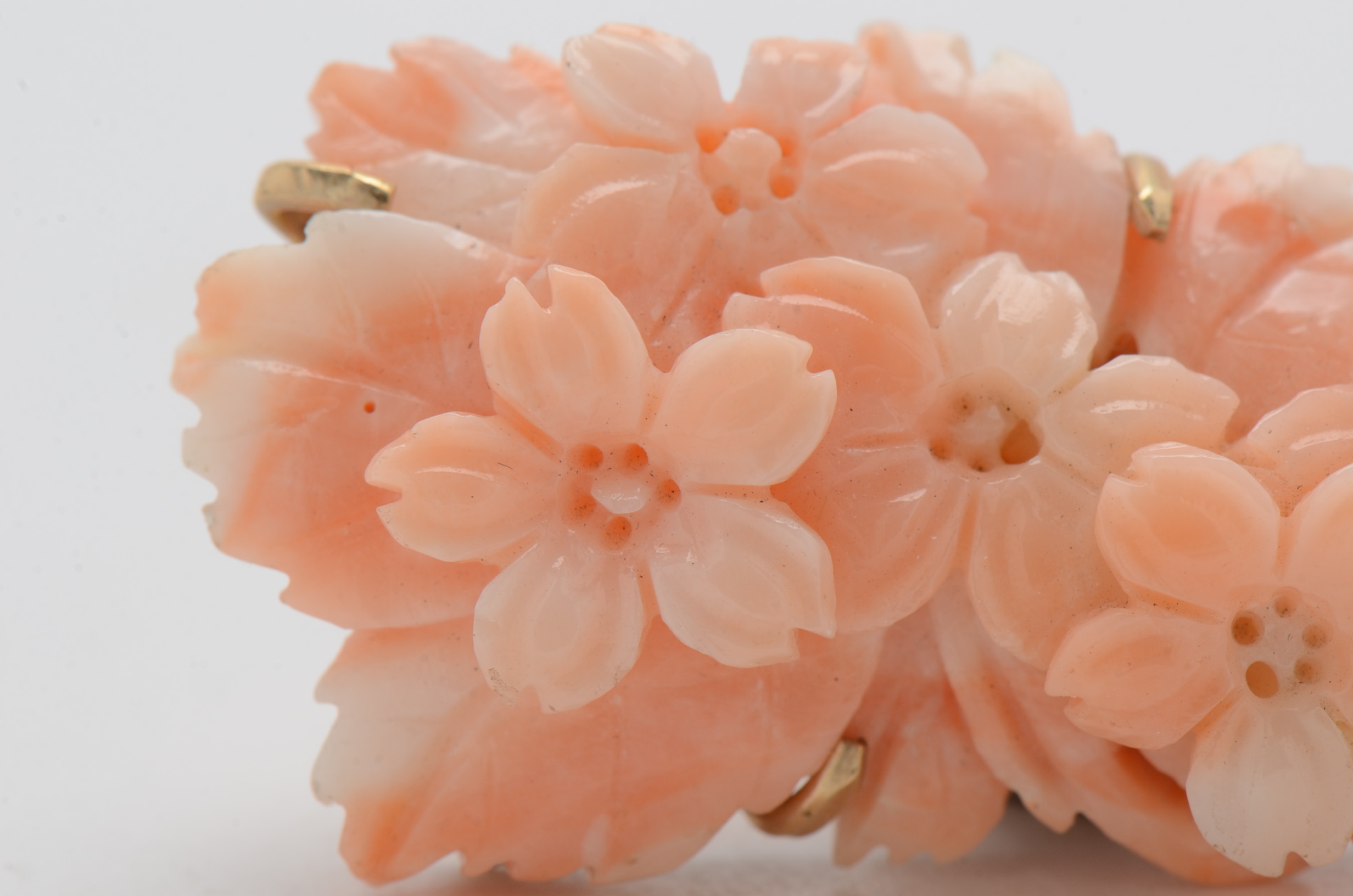 14K Yellow Gold Carved Angel Skin Coral Brooch