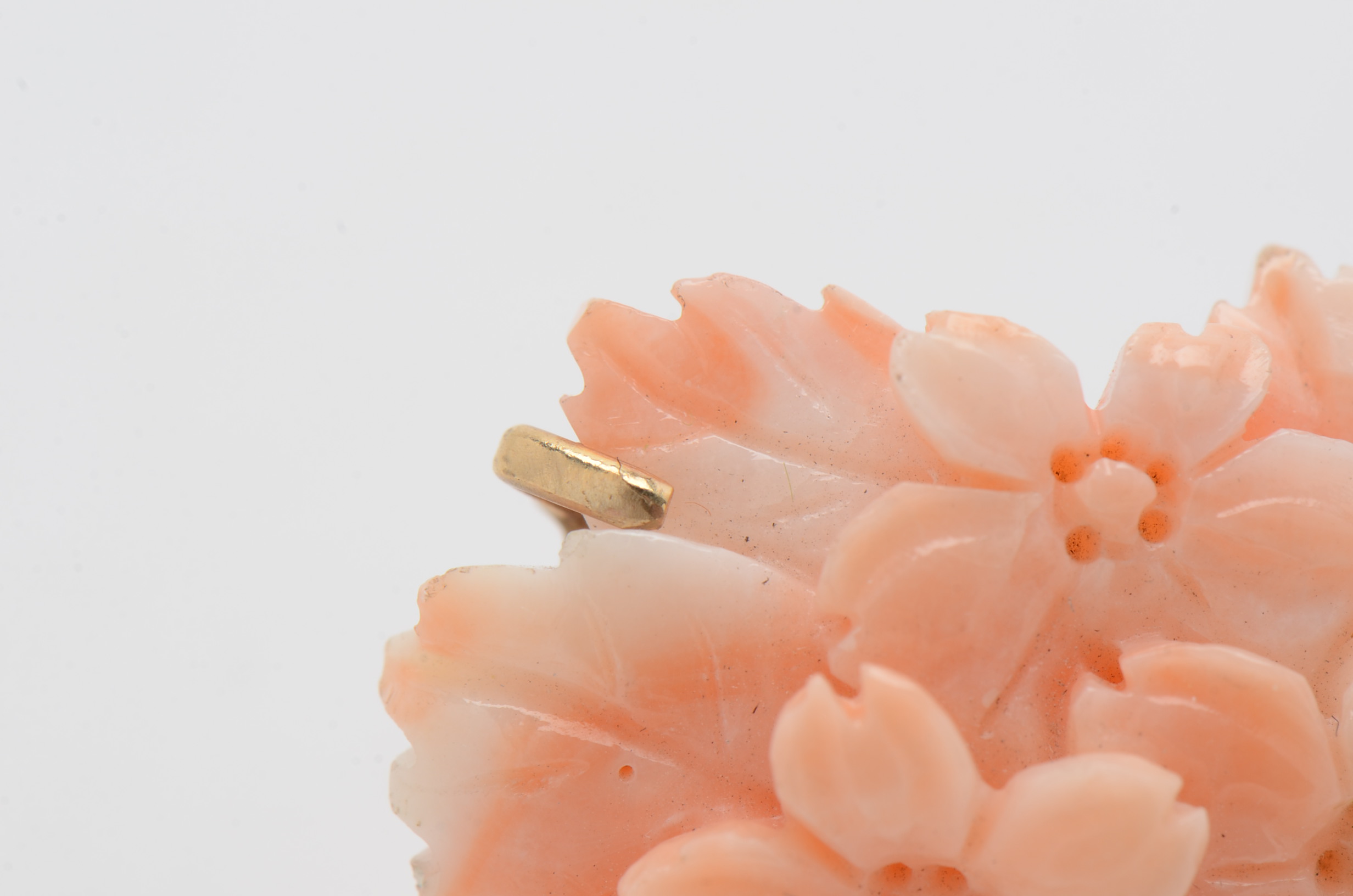 14K Yellow Gold Carved Angel Skin Coral Brooch