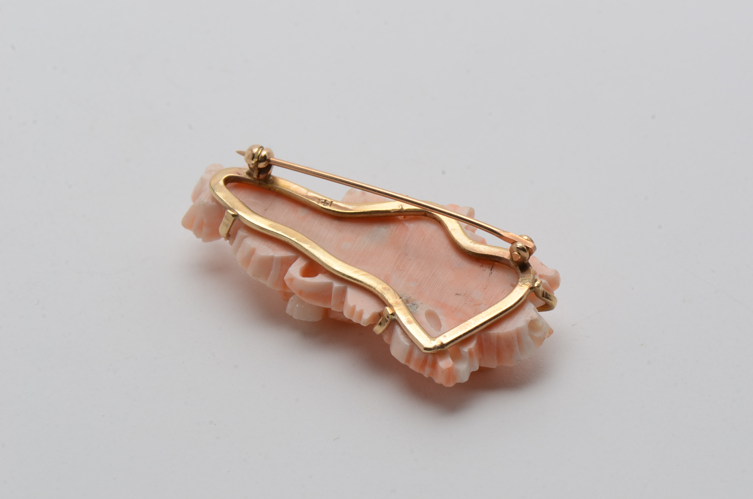 14K Yellow Gold Carved Angel Skin Coral Brooch