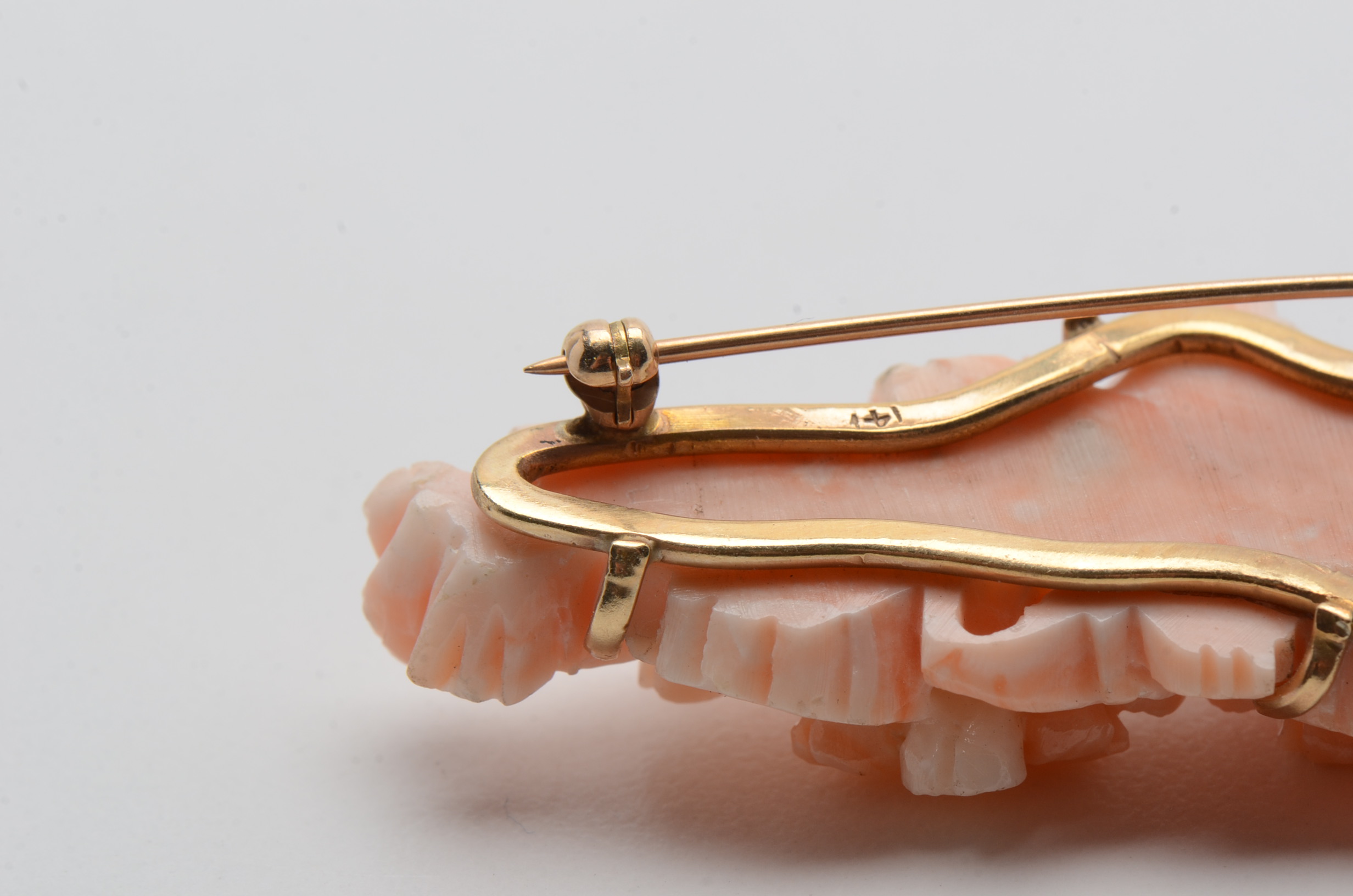 14K Yellow Gold Carved Angel Skin Coral Brooch