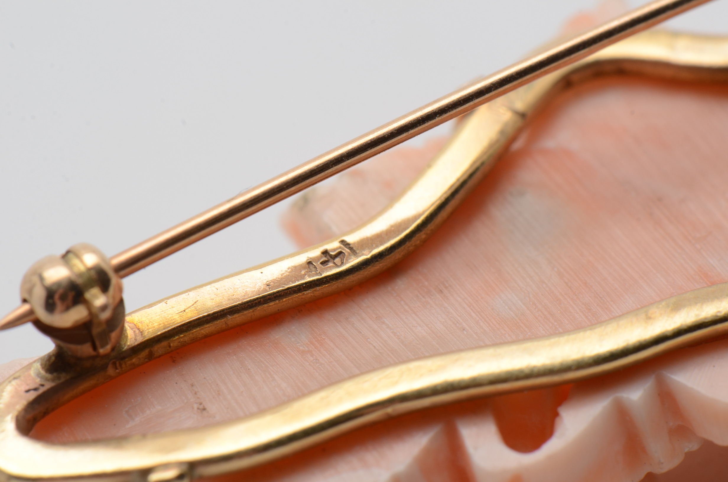 14K Yellow Gold Carved Angel Skin Coral Brooch