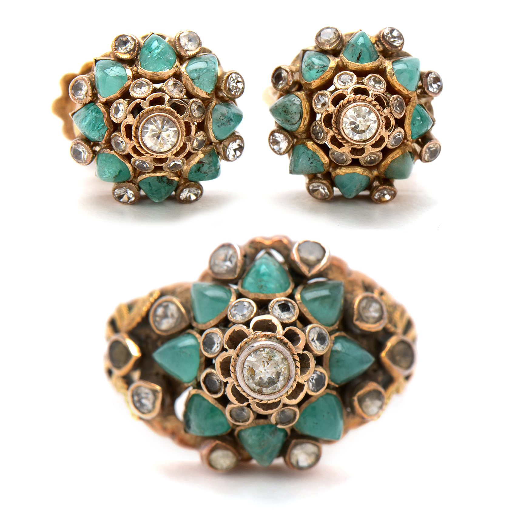 Vintage 10K Yellow Gold White Topaz and Emerald Ring and Earrings