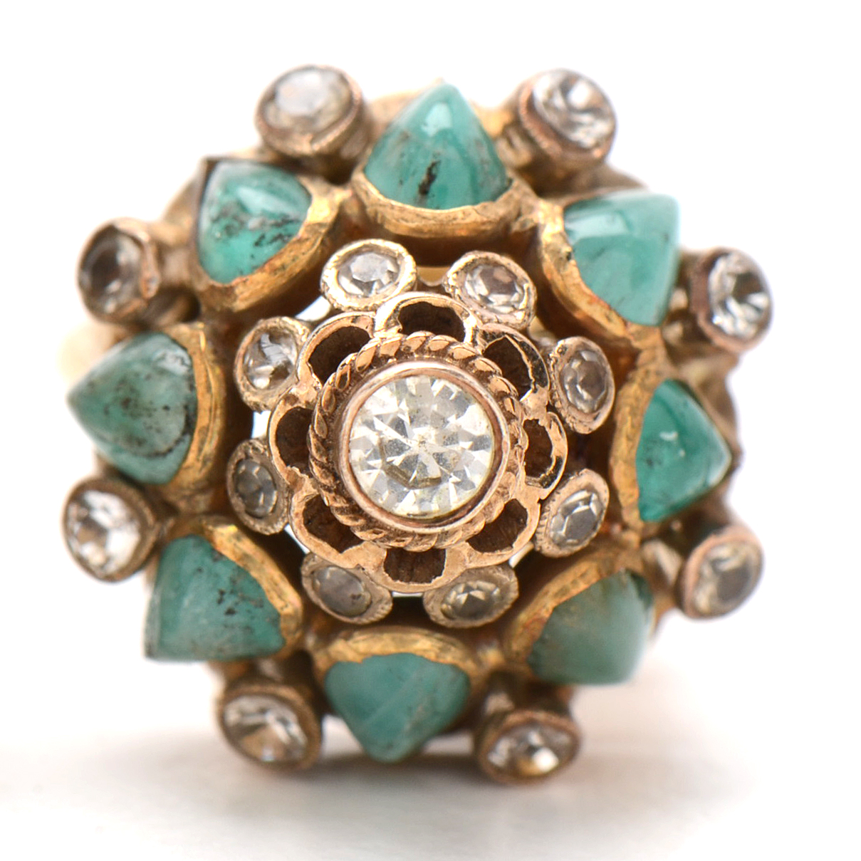 Vintage 10K Yellow Gold White Topaz and Emerald Ring and Earrings