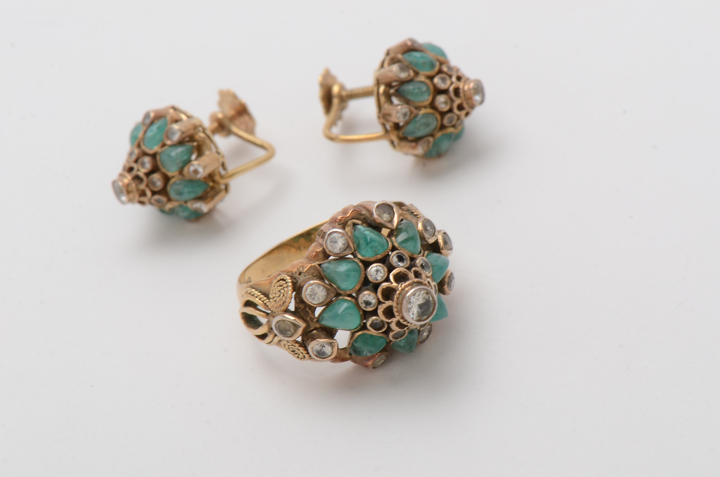 Vintage 10K Yellow Gold White Topaz and Emerald Ring and Earrings