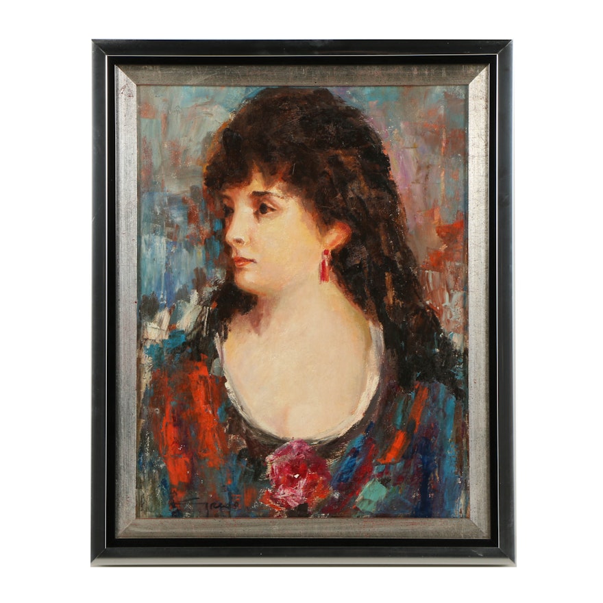 Grey Signed Oil Painting on Canvas Portrait of a Woman