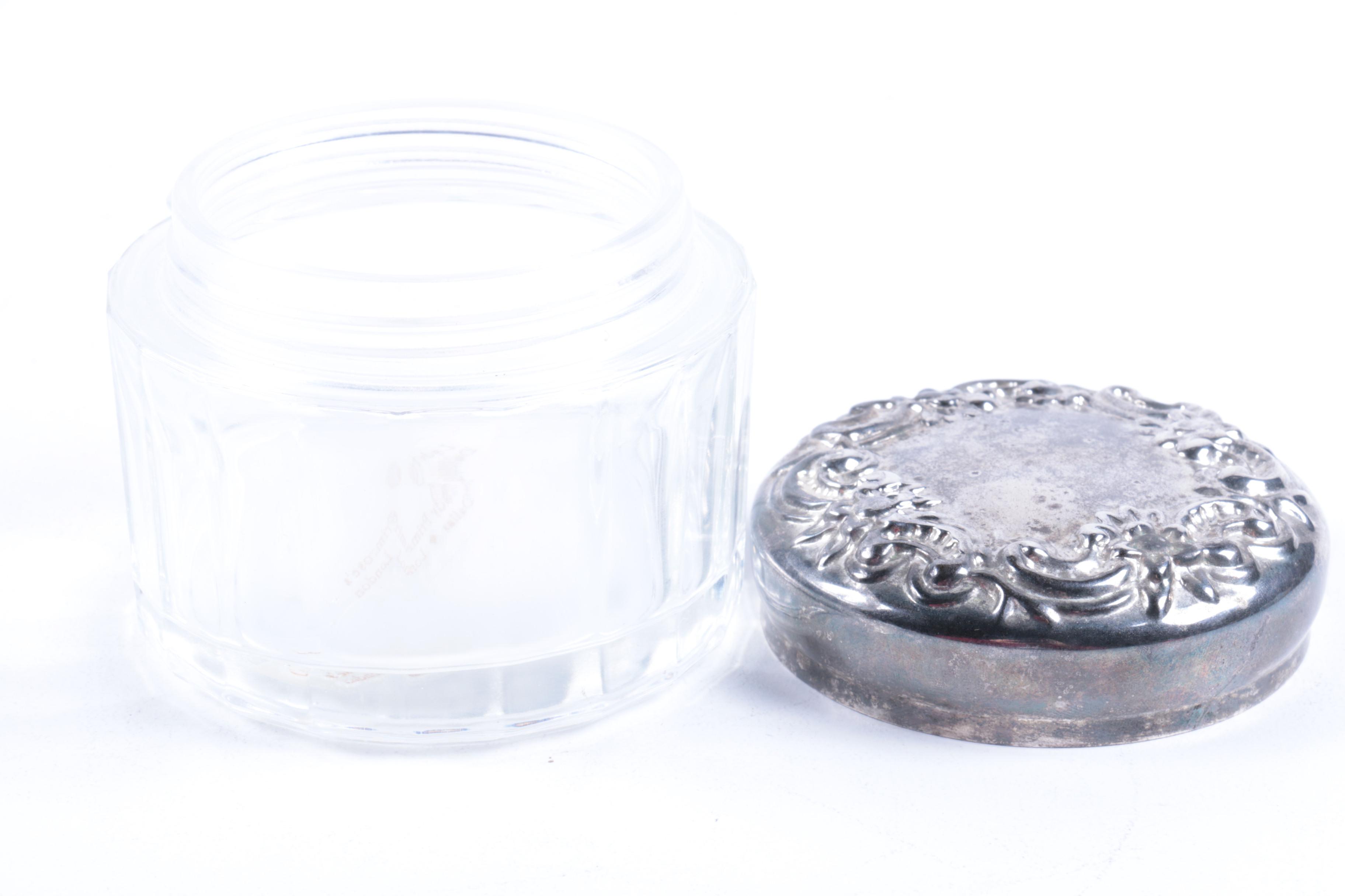 Tin Candlesticks and Glass Jar with Silver-Plated Lid