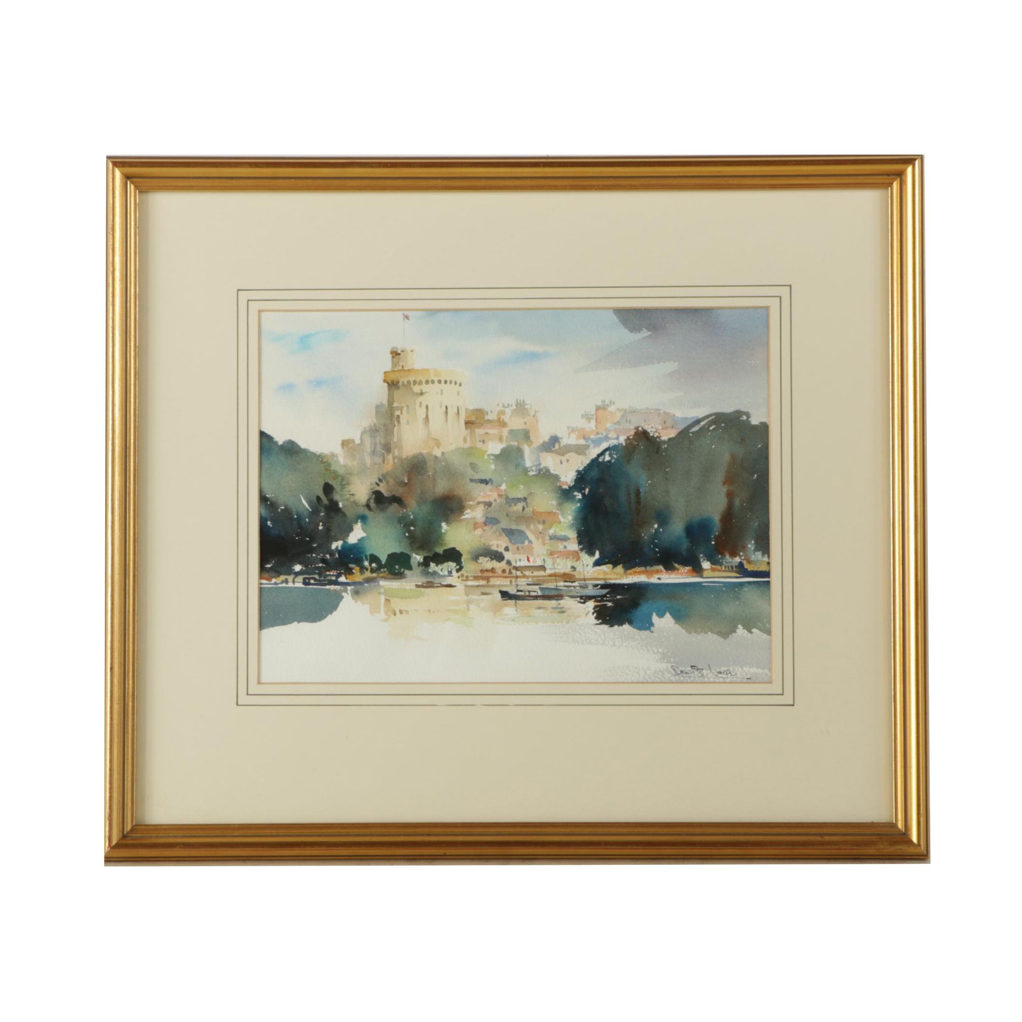 Denis Lord Watercolor Painting on Paper of Waterfront Castle