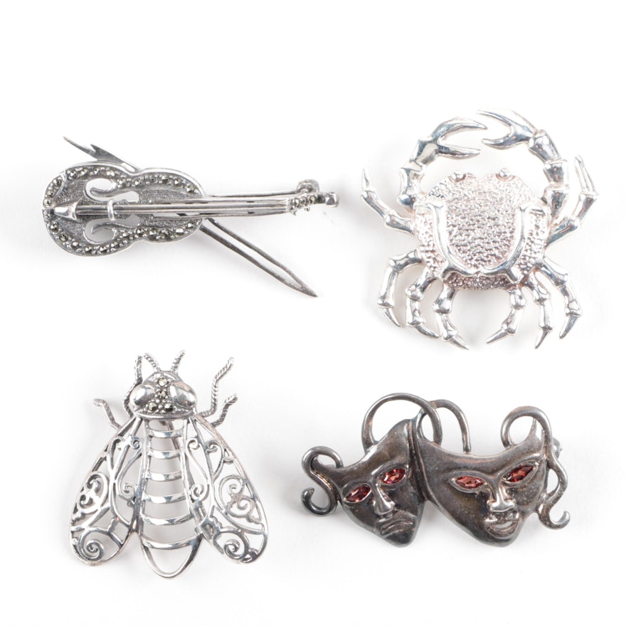 Grouping of Sterling Silver Brooches Featuring Marcasite and Garnet