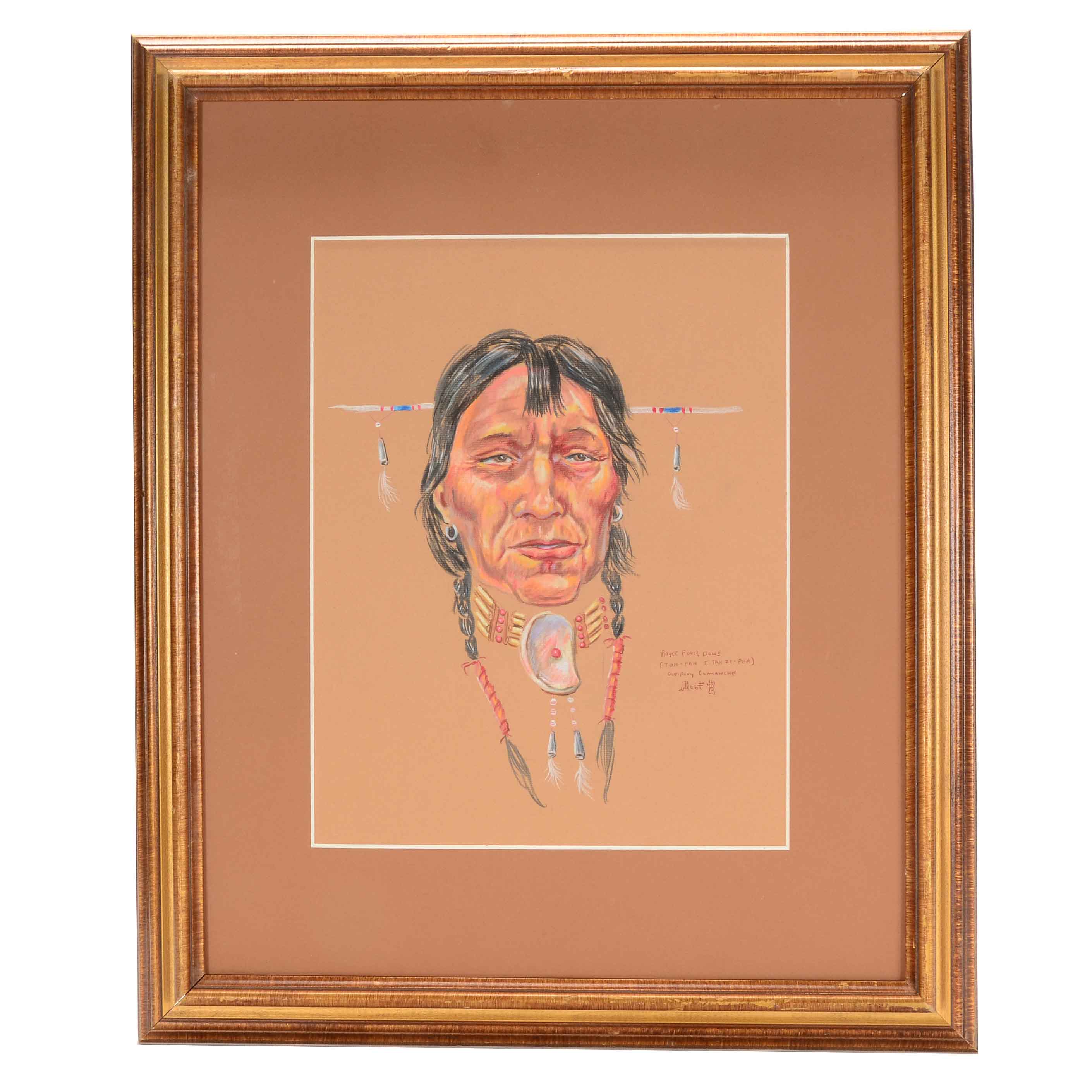 Royce Four Bows Colored Pencil Drawing of Comanche Brave