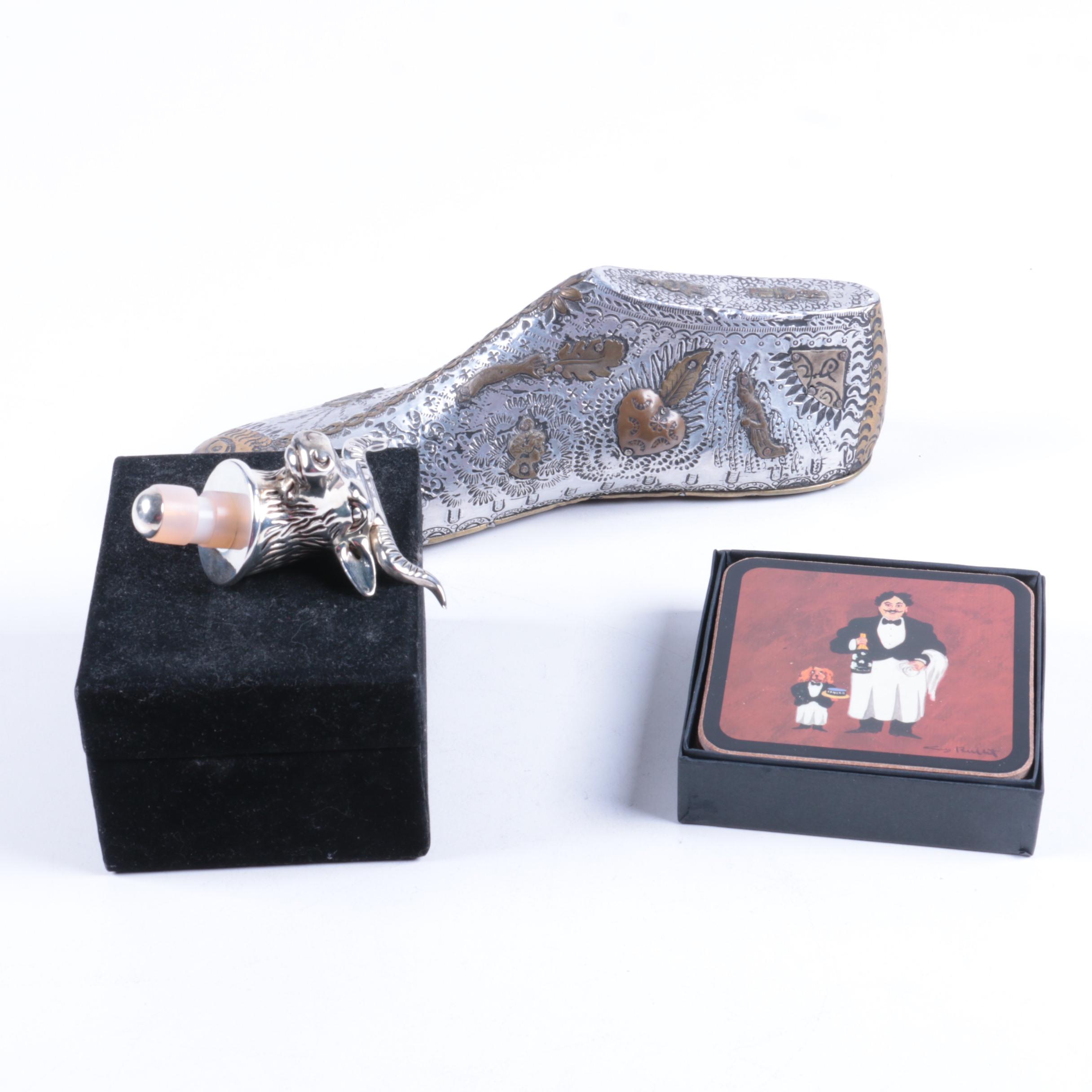 Williams-Sonoma Guy Buffet Coasters, Silver-Plated Shoe, and Bull Head Stopper