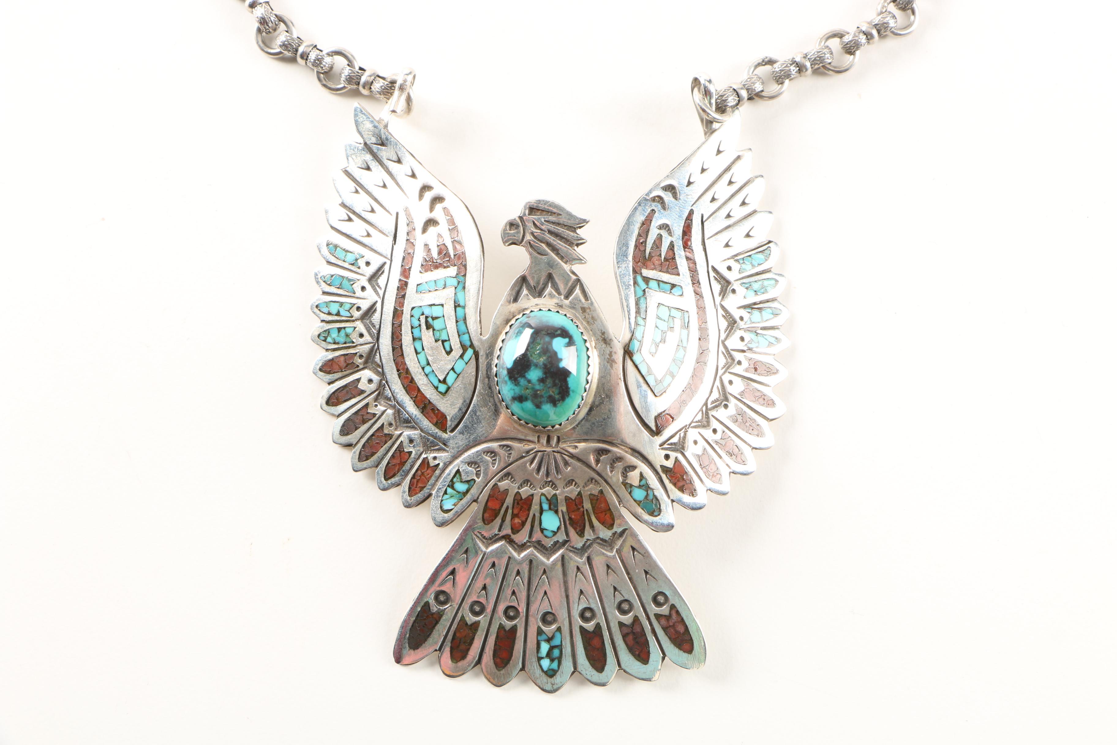 Sterling Silver Artisan Signed Native American Inspired Thunderbird Necklace