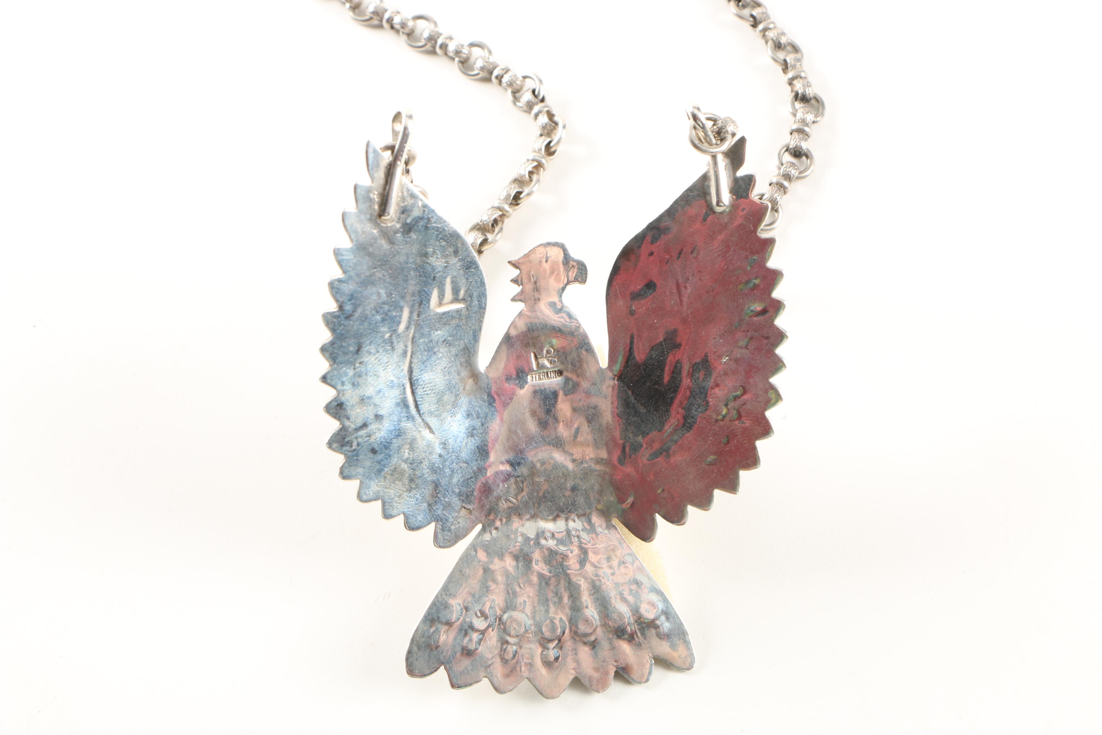 Sterling Silver Artisan Signed Native American Inspired Thunderbird Necklace