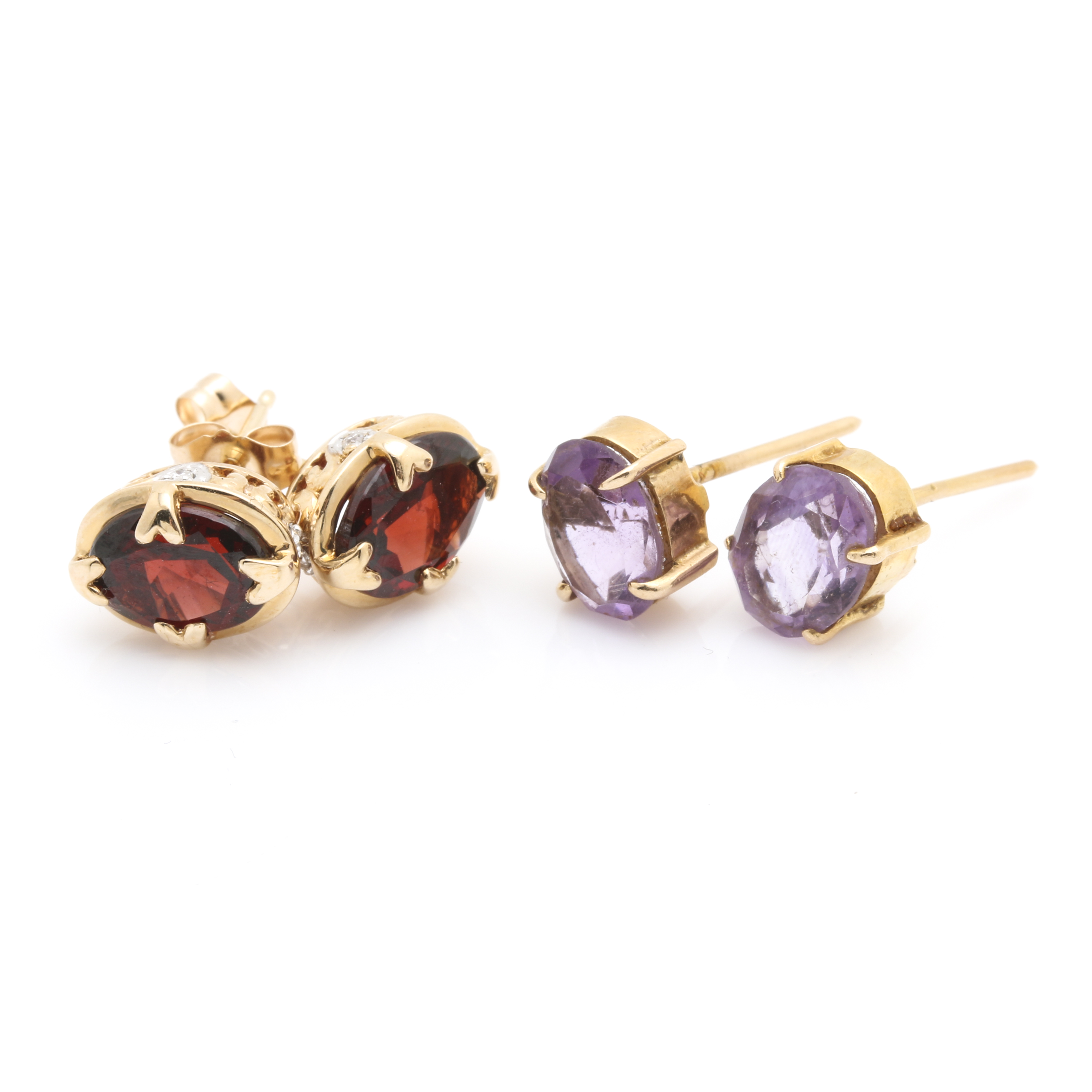 14K Yellow Gold Garnet, Diamond and Amethyst Earrings