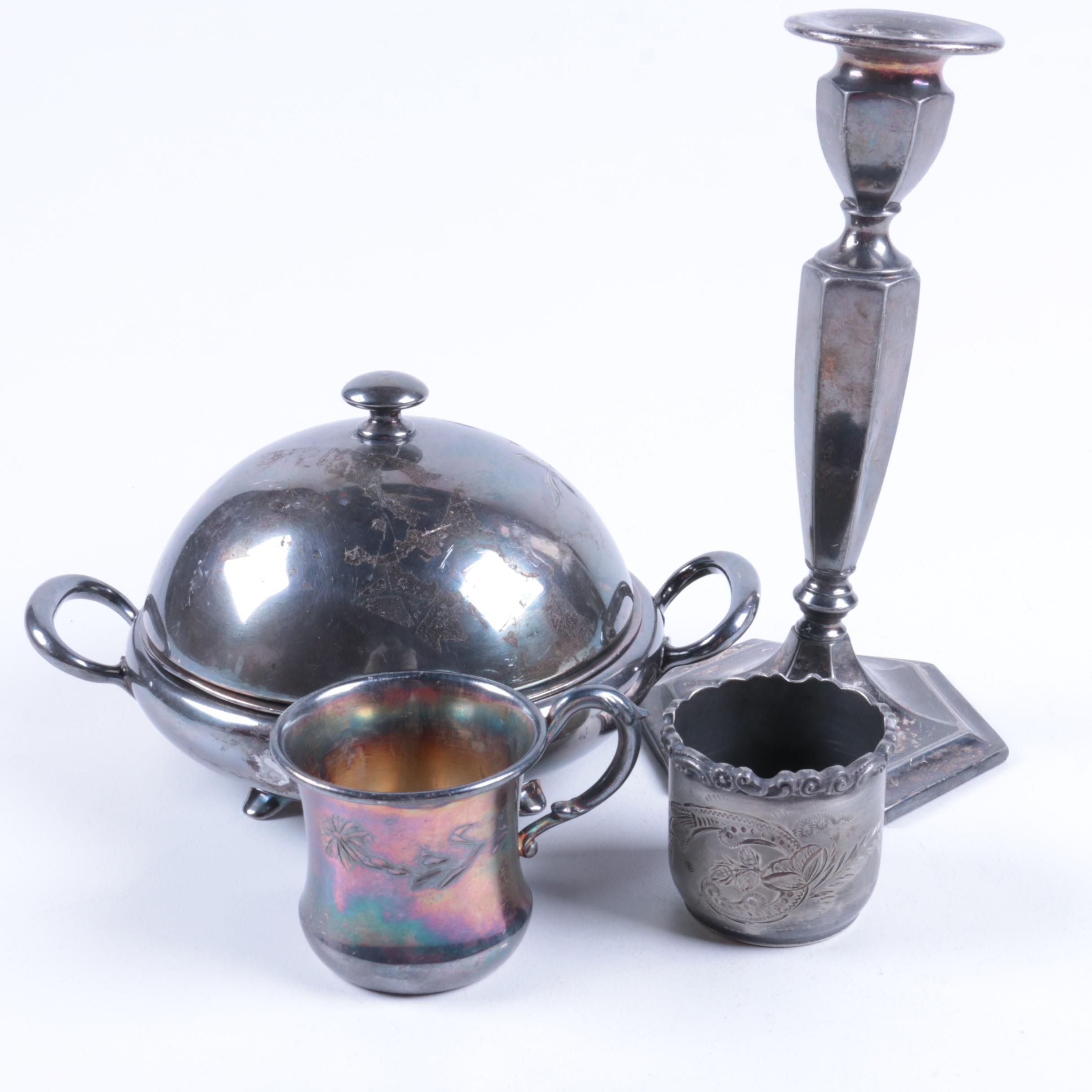 Forbes Silver Co. Silver Plate Candlestick and Wilcox Covered Dish