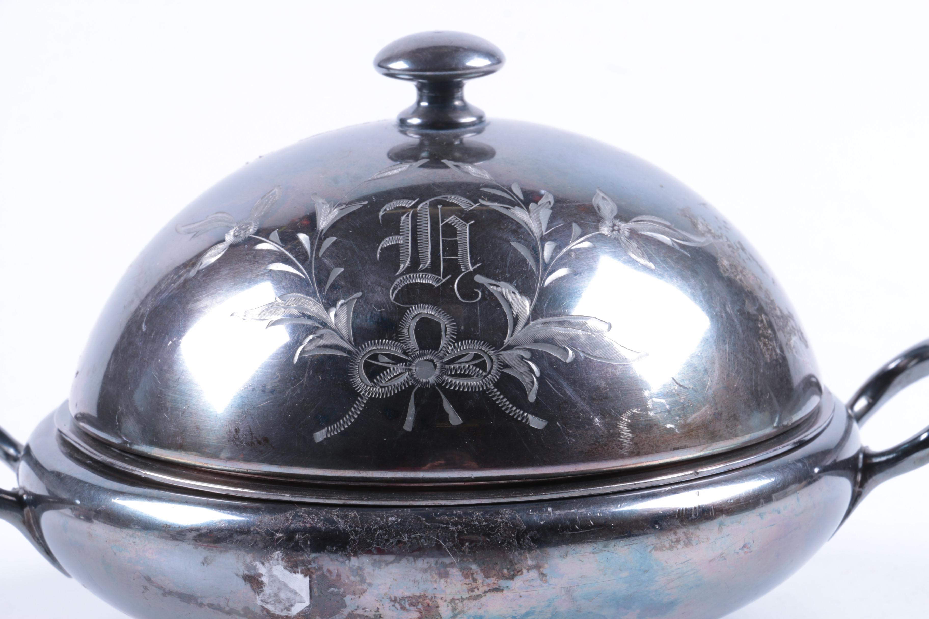 Forbes Silver Co. Silver Plate Candlestick and Wilcox Covered Dish