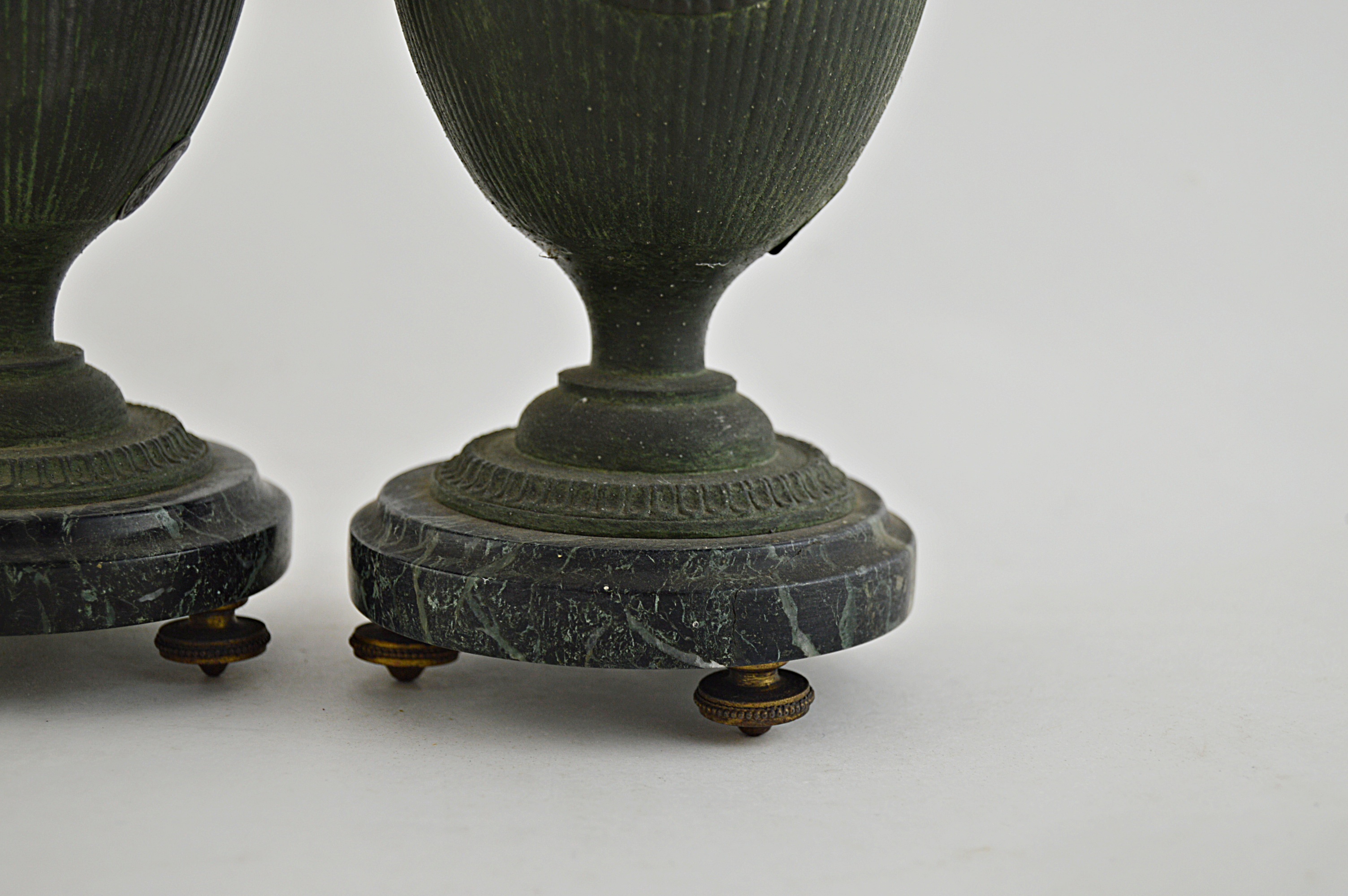 Pair of Classical Metal Urns in a Verdigris Finish