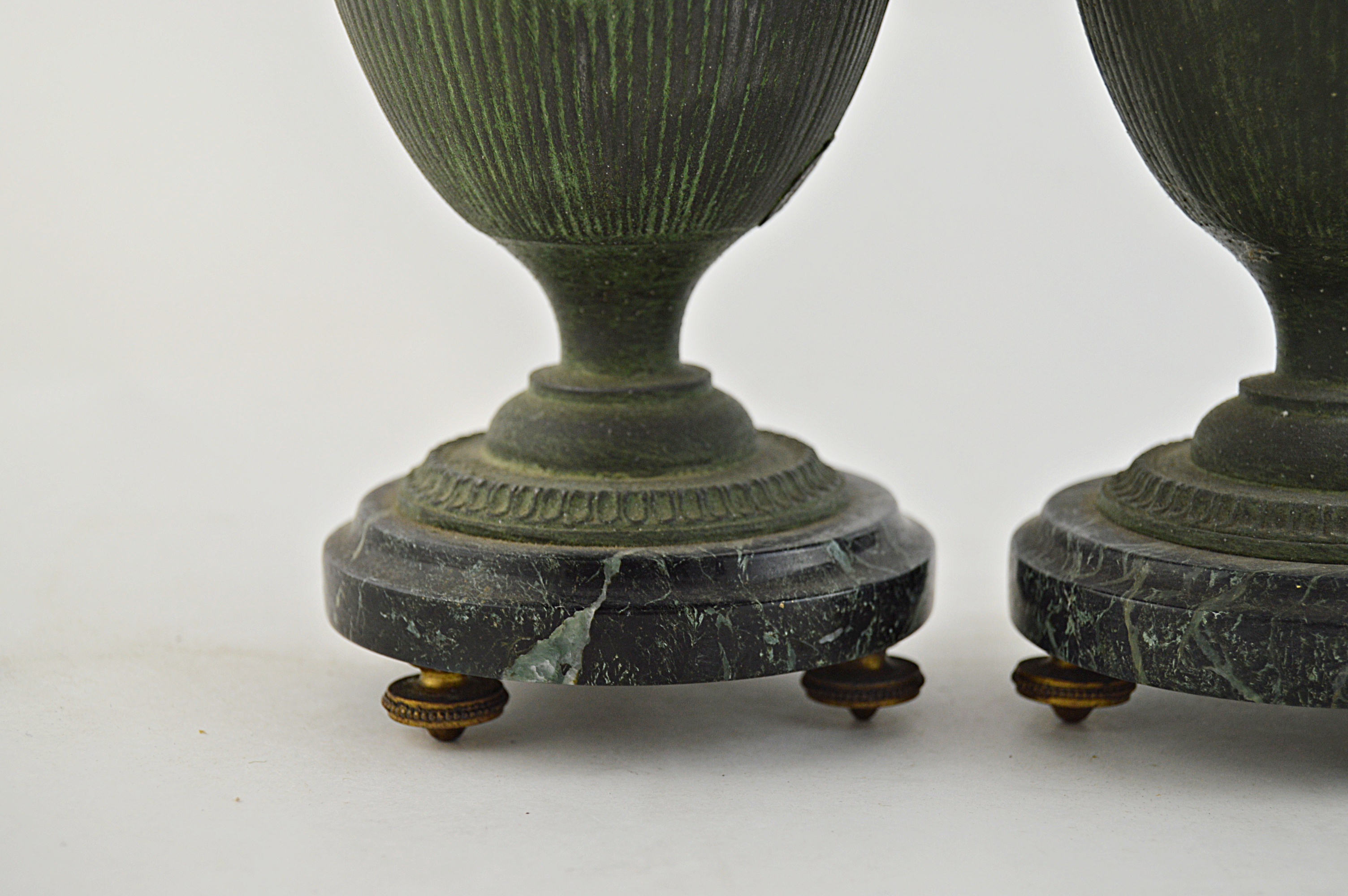 Pair of Classical Metal Urns in a Verdigris Finish